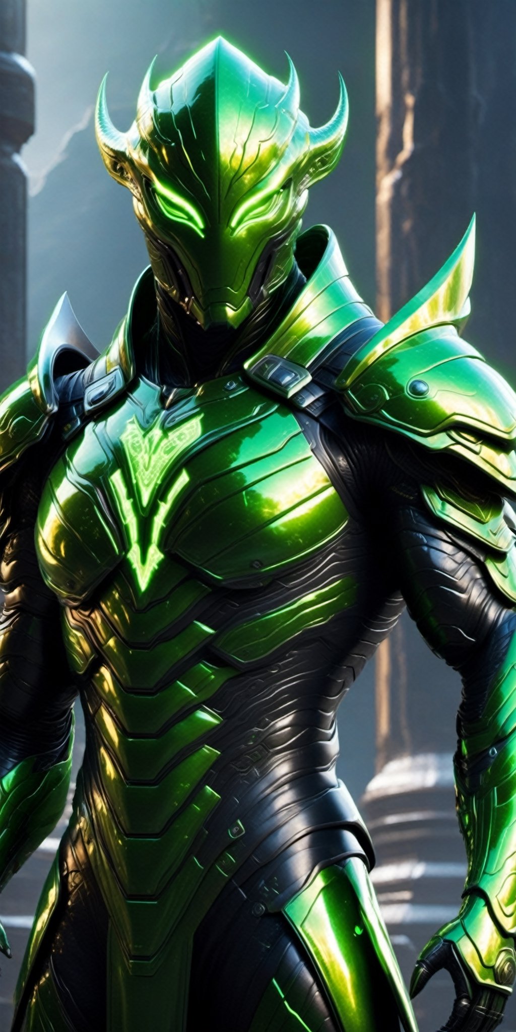 "Generate an image of an otherworldly alien character wearing a sophisticated Hi-Tech muscular suit of armor. This unique...