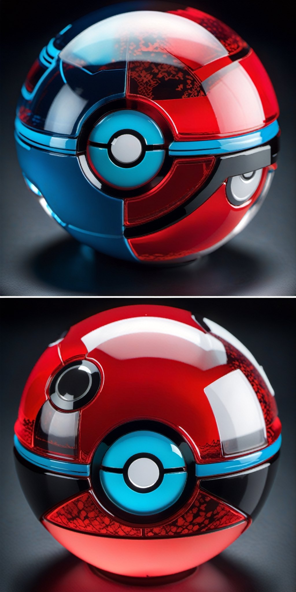 Design a set of glass,  biometrically enhanced Pokeballs with vibrant,  glowing patterns. Incorporate futuristic technolog...