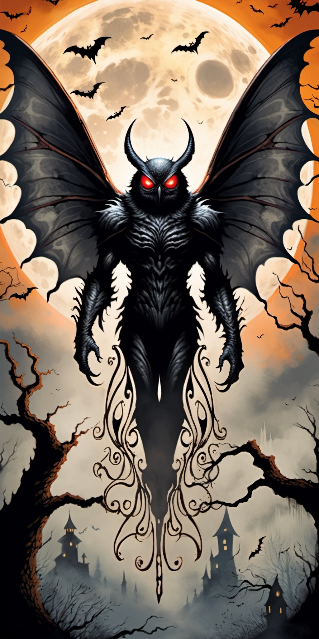 Bring the legendary Mothman to life in a Halloween-style scary fantasy image,  focusing on intricate details. Imagine the...