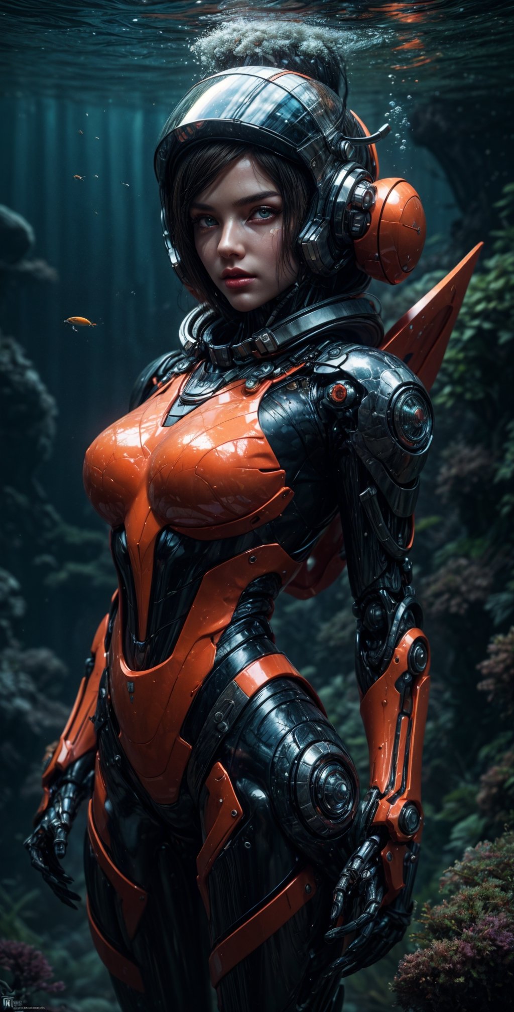 "Visualize a captivating scene featuring a girl named Thunder Orange. She's dressed in a tight,  futuristic suit with a vi...