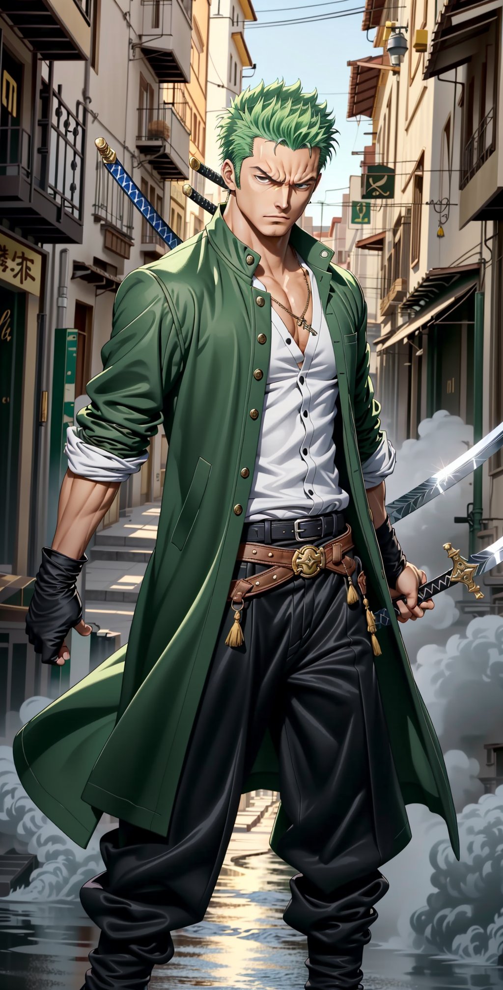 "Create an image of Roronoa Zoro in his signature three-sword fighting stance,  surrounded by a dynamic aura of determinat...