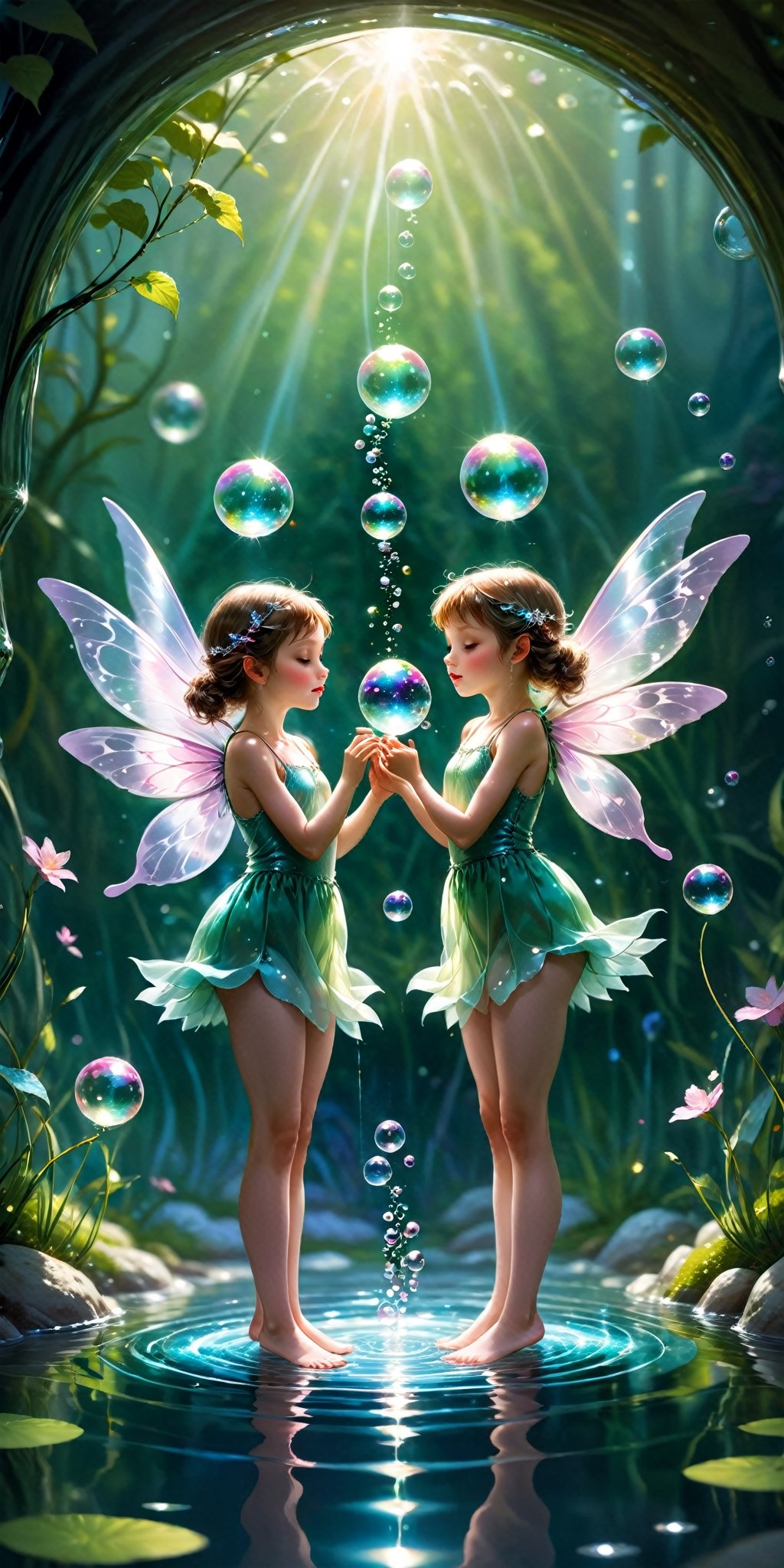 Imagine a scene of enchantment featuring beautiful tiny mini fairies gracefully positioned inside glistening water bubbles. Encourage artists to capture the ethereal beauty of these magical beings against a captivating background, creating a visually stunning and whimsical image. This prompt invites the creation of a beautiful and mesmerizing scene that celebrates the delicate allure of fairies and the enchantment found within sparkling water bubbles.