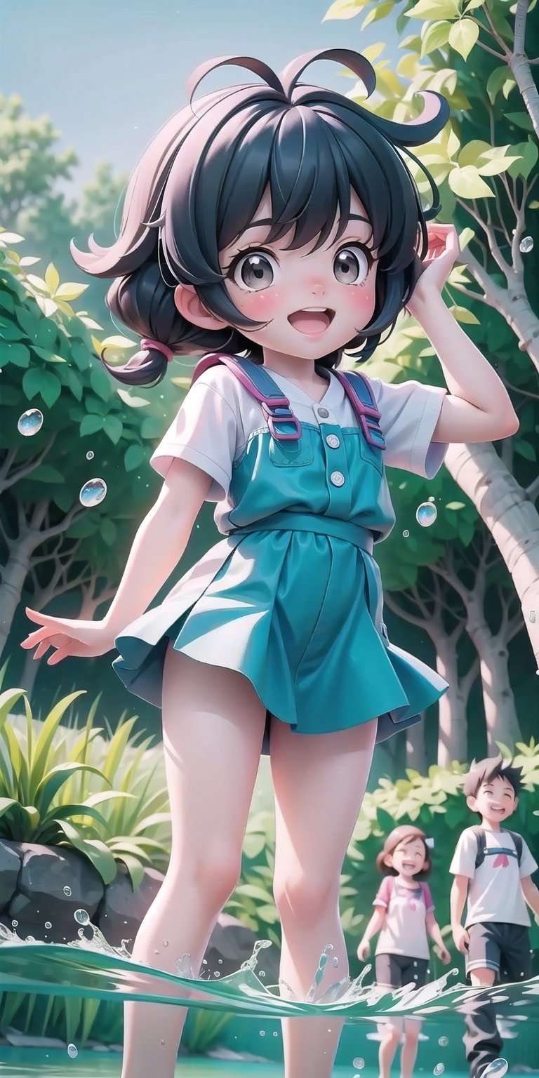 a lively anime-style scene featuring a group of kids joyfully playing in a serene river. Capture the carefree spirit and i...