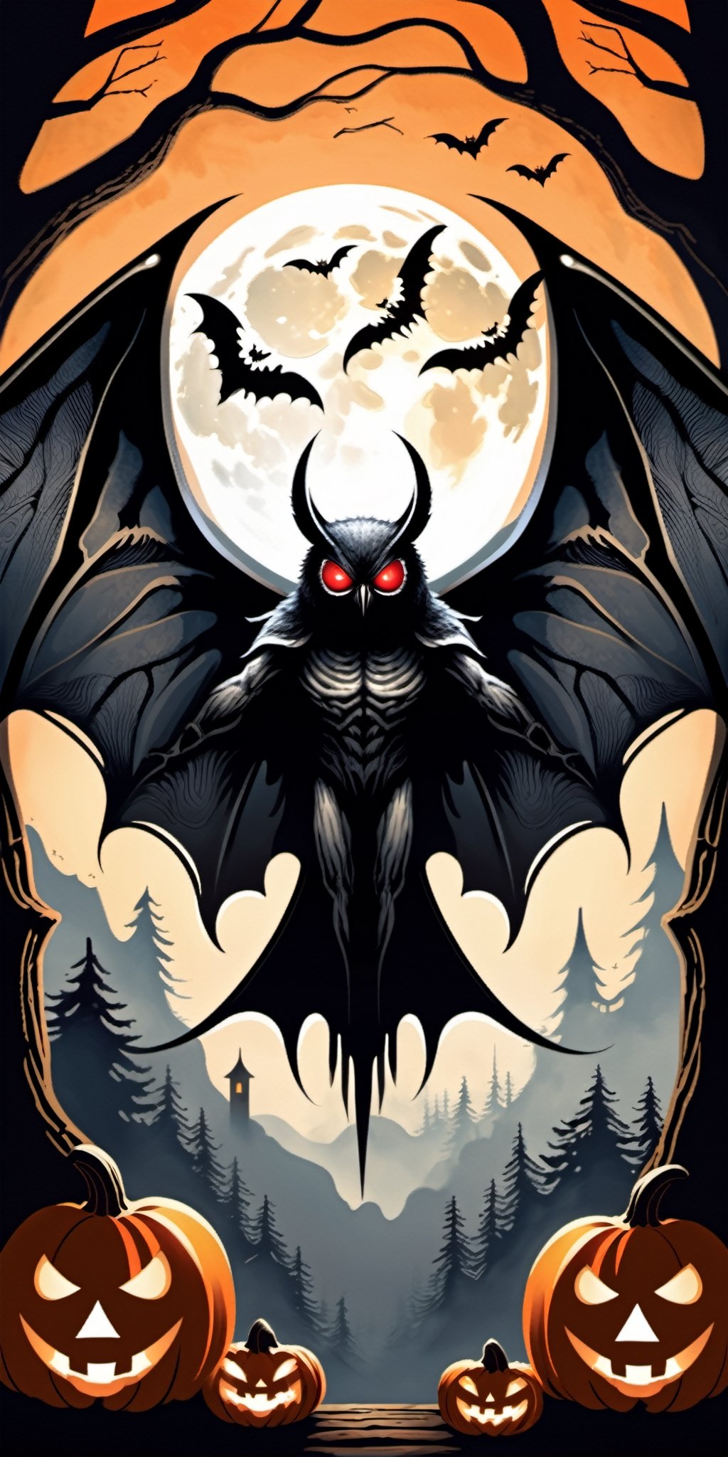 Bring the legendary Mothman to life in a Halloween-style scary fantasy image,  focusing on intricate details. Imagine the...