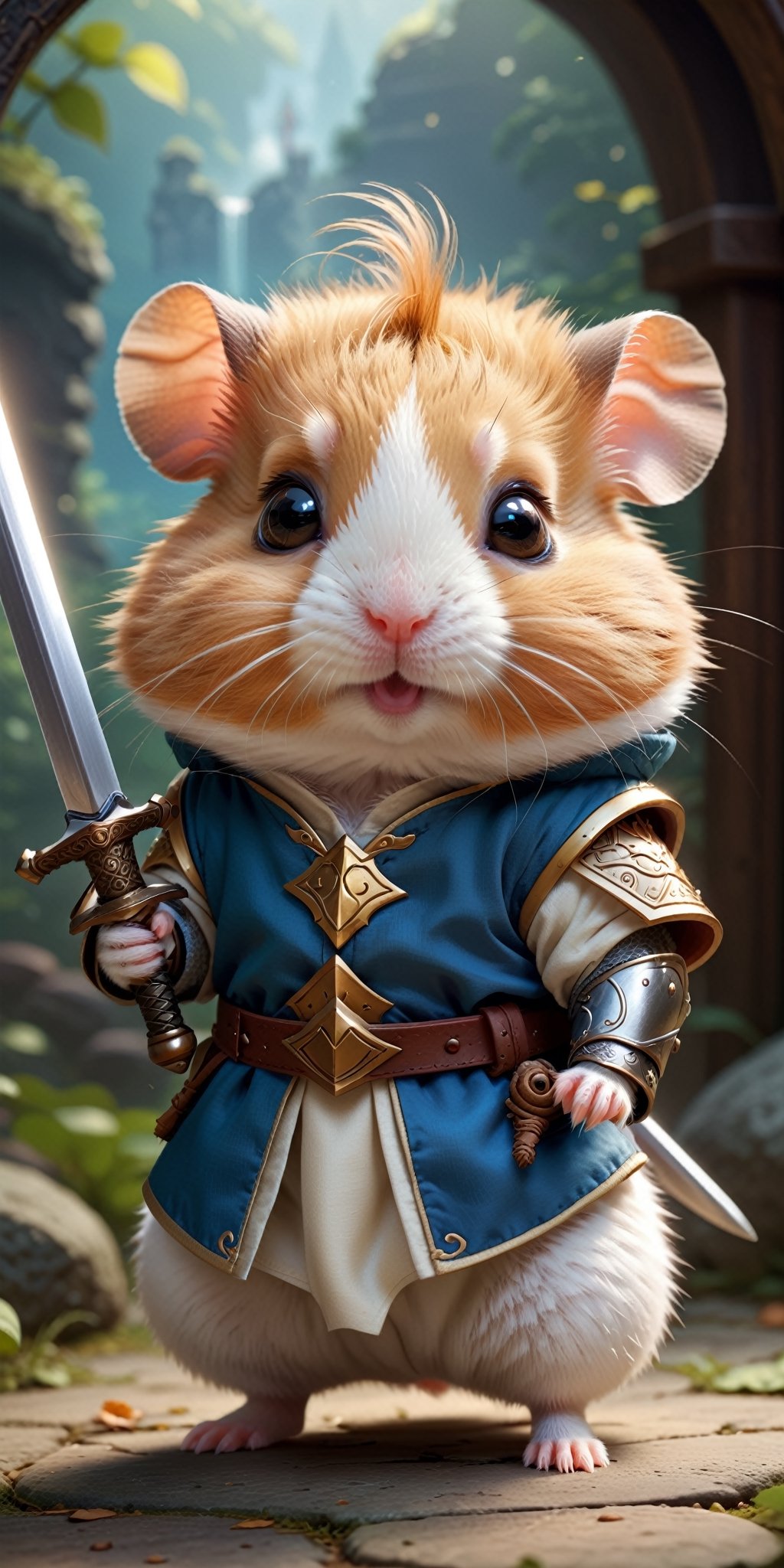 Visualize an adorable fantasy scene with a cute little hamster,  dressed in charming prince-like clothes and wielding a ti...