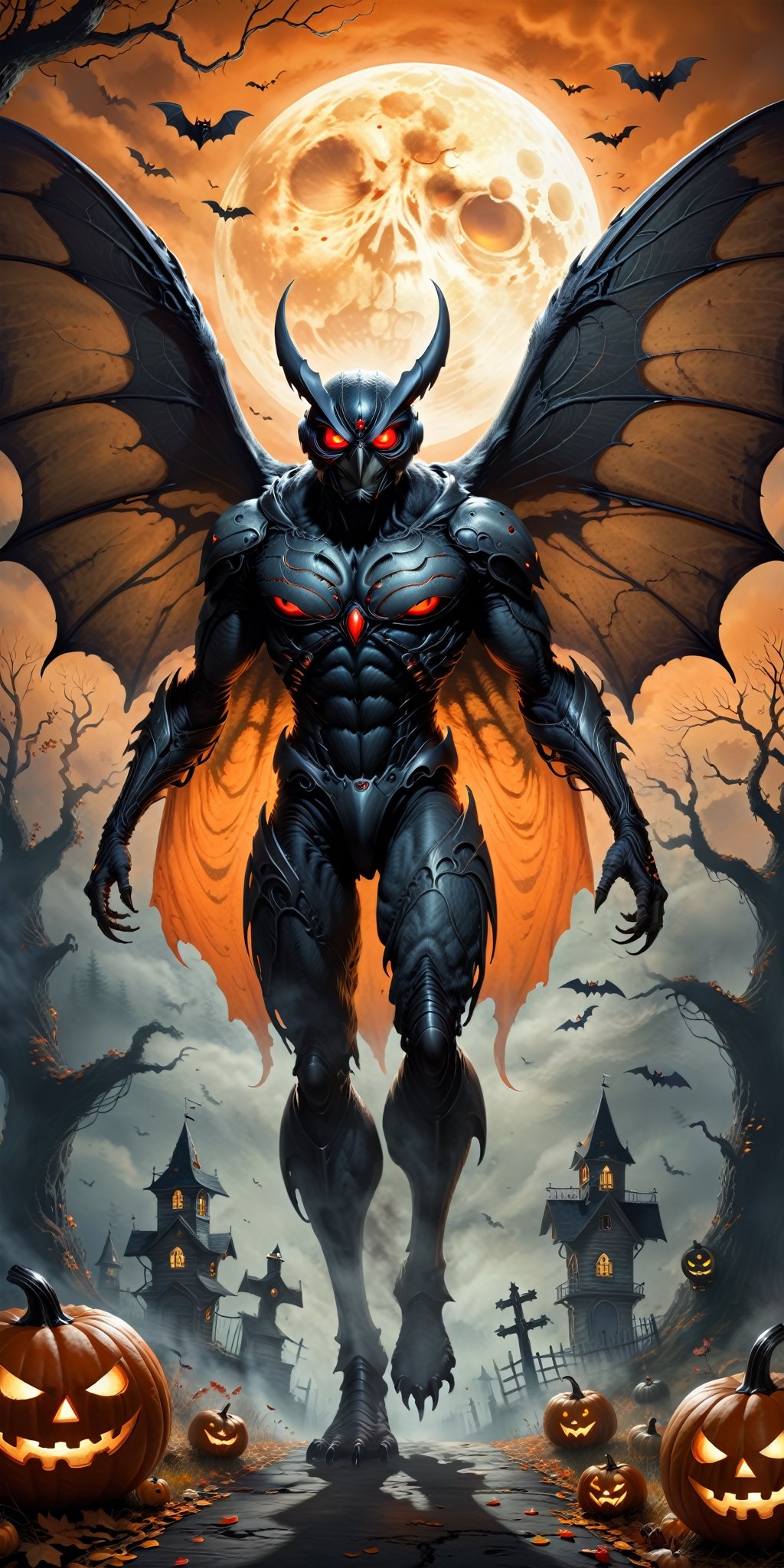 Bring the legendary Mothman to life in a Halloween-style scary fantasy image,  focusing on intricate details. Imagine the...