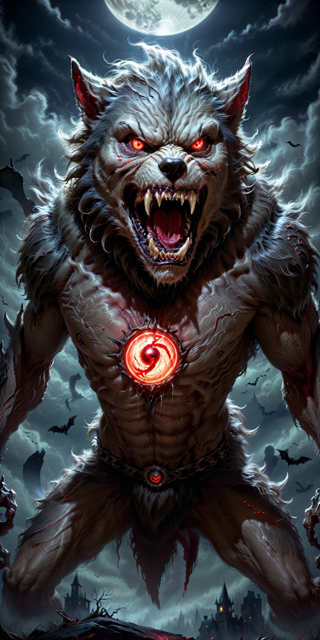 Create a nightmarishly terrifying Halloween masterpiece with a full-body depiction of a three-eyed werewolf. Imagine the c...