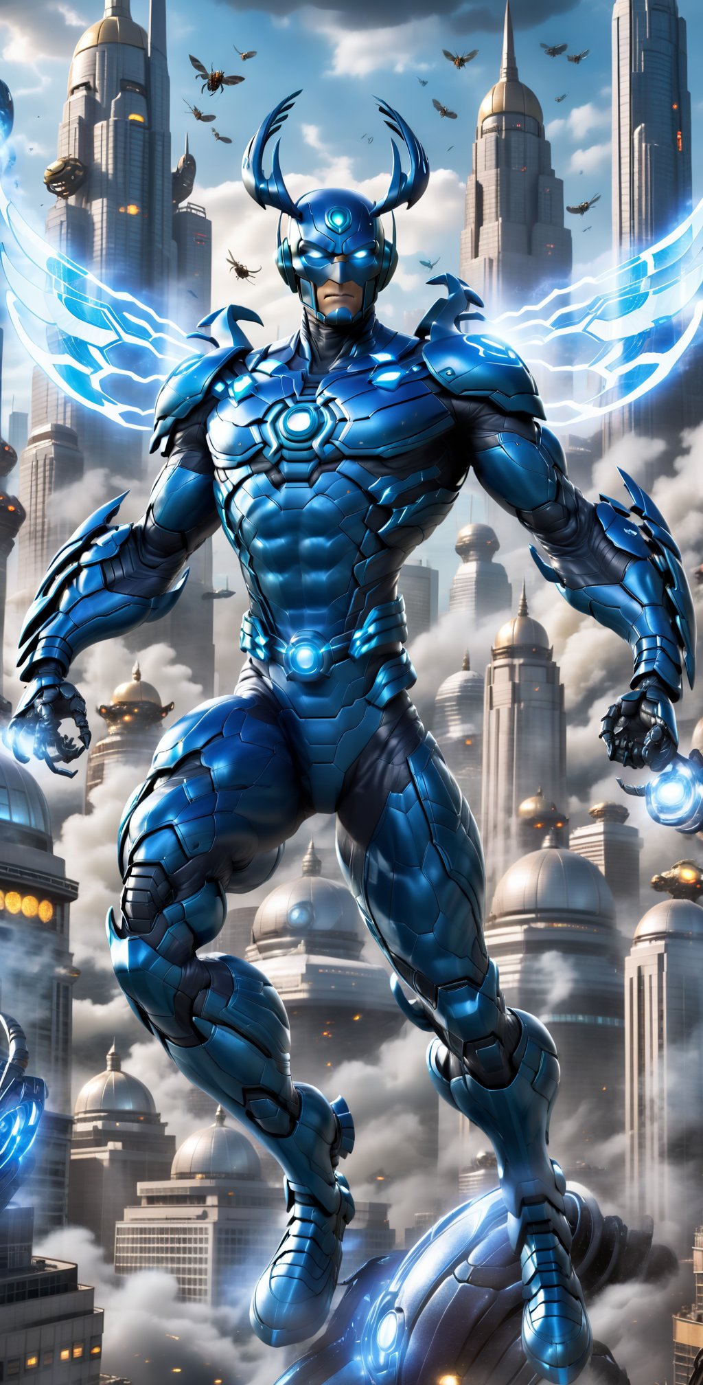 "Blue Beetle soars through the urban skyline,  his high-tech scarab armor glistening under the city lights. With a determi...
