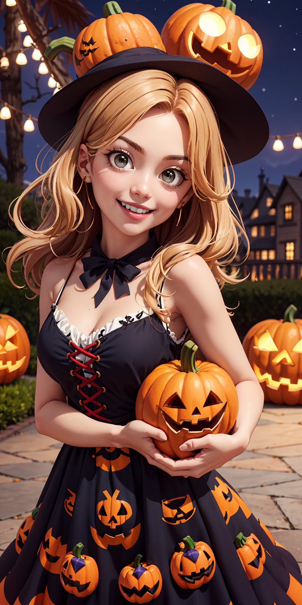 Imagine and create a delightful Halloween-style image featuring a beautiful girl adorned in an enchanting dress, joyfully holding a pumpkin and smiling. Capture the festive and charming atmosphere of Halloween with attention to detail in her pumpkin printed dress, expression, and the pumpkin she holds. Request high-detail rendering to bring out the beauty and cheerfulness in this Halloween-themed image, making it a delightful portrayal of the season