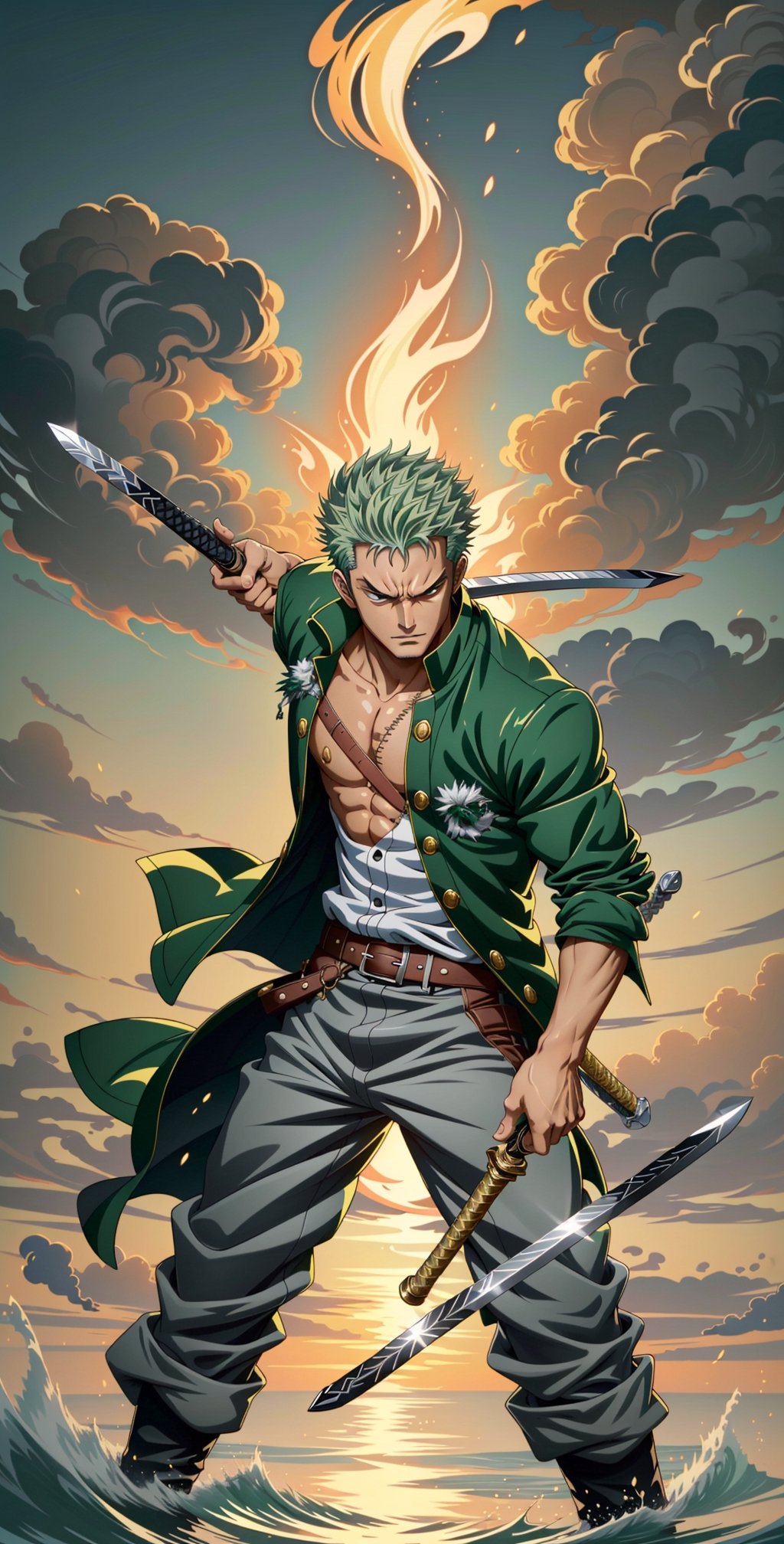 "Create an image of Roronoa Zoro in his signature three-sword fighting stance,  surrounded by a dynamic aura of determinat...