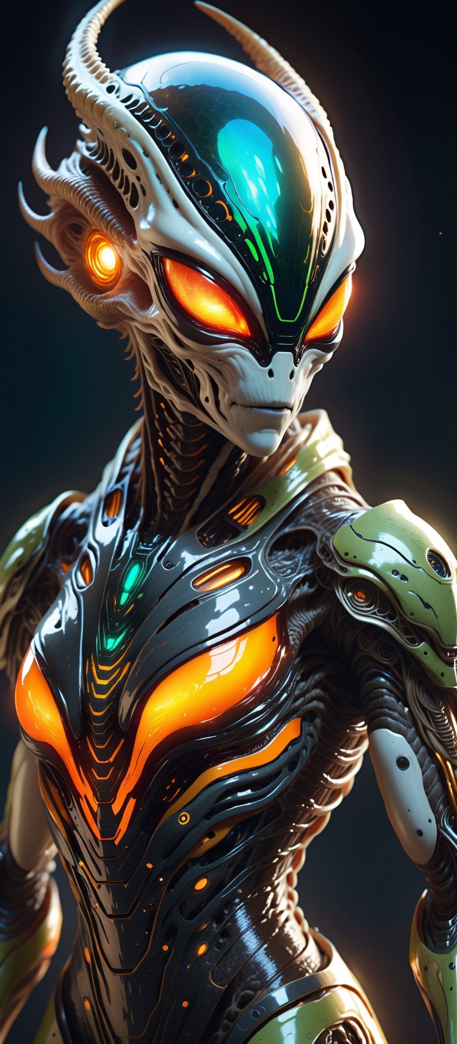 Create a spine-chilling image of an alien creature adorned in Hi-Tech biometric glowing armor,  radiating a deadly and int...
