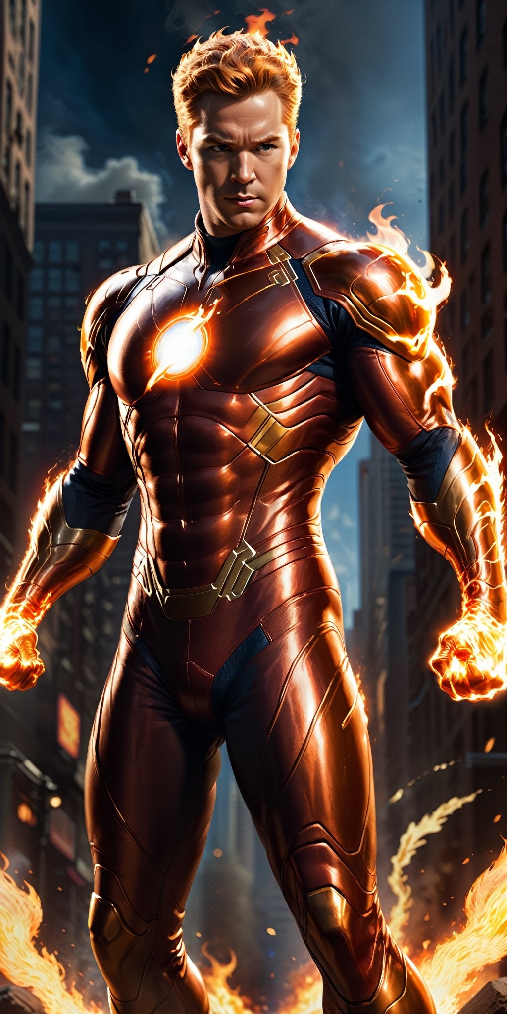 Imagine a dynamic scene featuring the iconic Marvel Comics character,  Human Torch. Visualize him engulfed in flames,  rad...