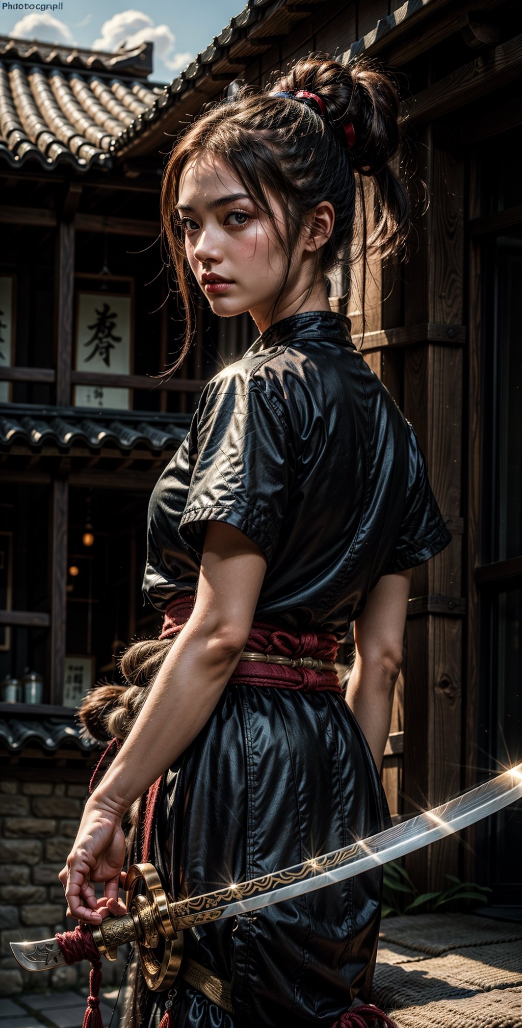 "Generate an image of a captivating Japanese samurai woman. She possesses stunning, expressive eyes that reflect her strength and wisdom. Her long, lustrous black hair flows gracefully as she stands tall in a traditional samurai outfit, exuding elegance and power. In her hand, she firmly holds a gleaming Katana sword, symbolizing her mastery in the art of the sword and her dedication to the way of the warrior." (Photographic, realistic, masterpiece, HDR high quality image,), 