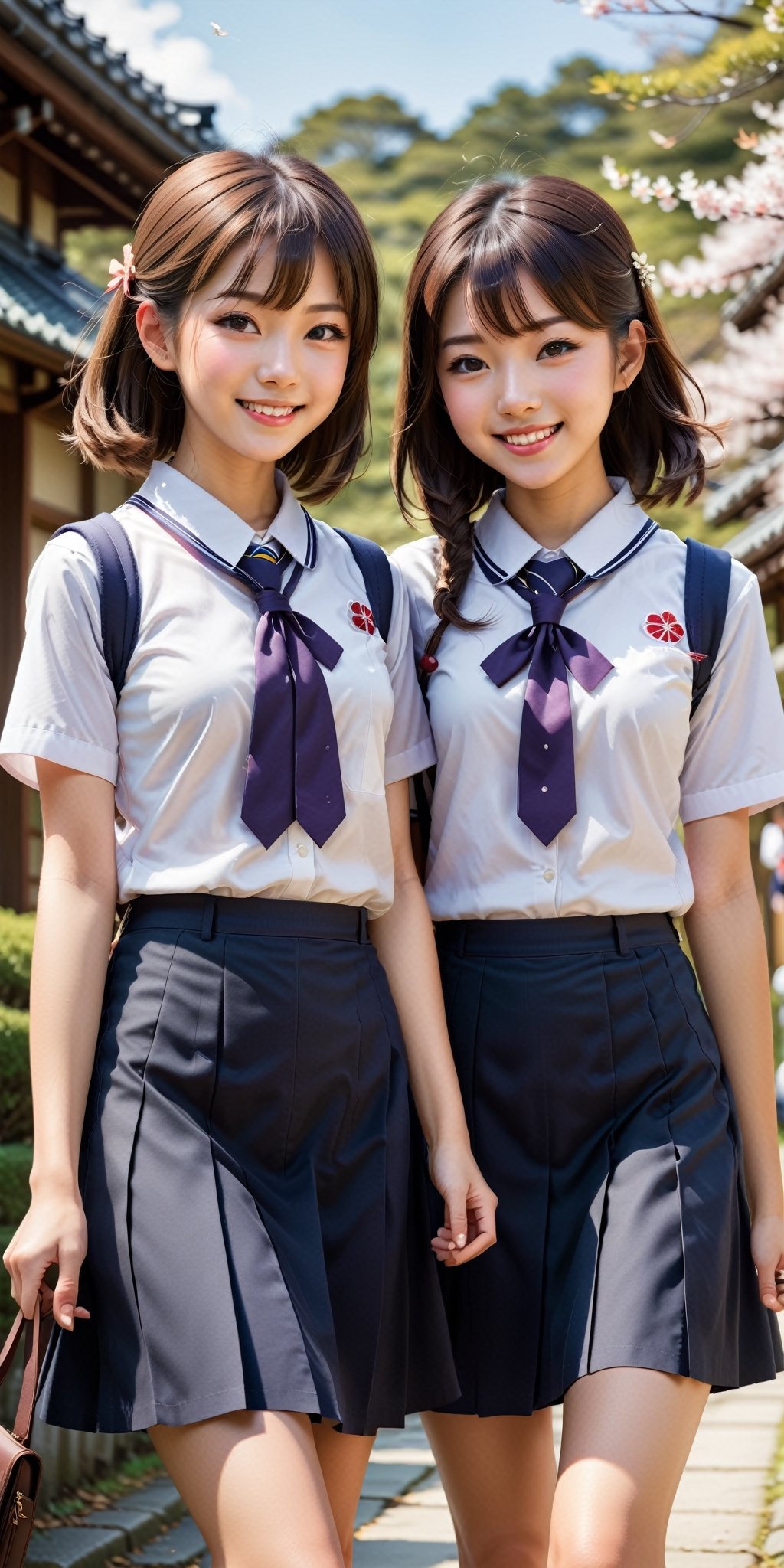 Envision a charming scene with two Japanese schoolgirls walking and smiling,  both adorned in beautiful school uniforms. R...