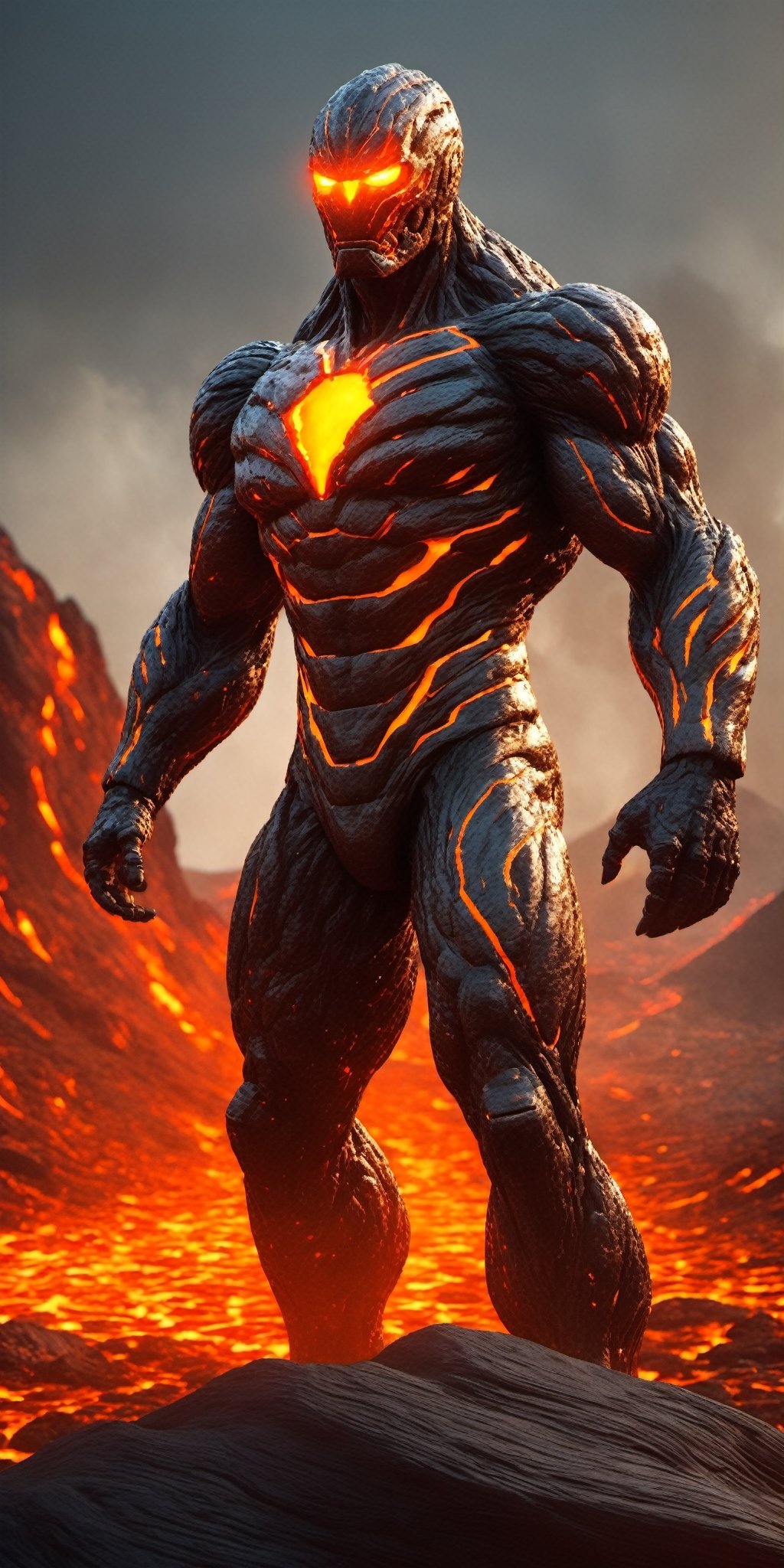 Compose a cinematic movie-style scene featuring a colossal stone Lava man with a body crafted from stone and flowing lava....