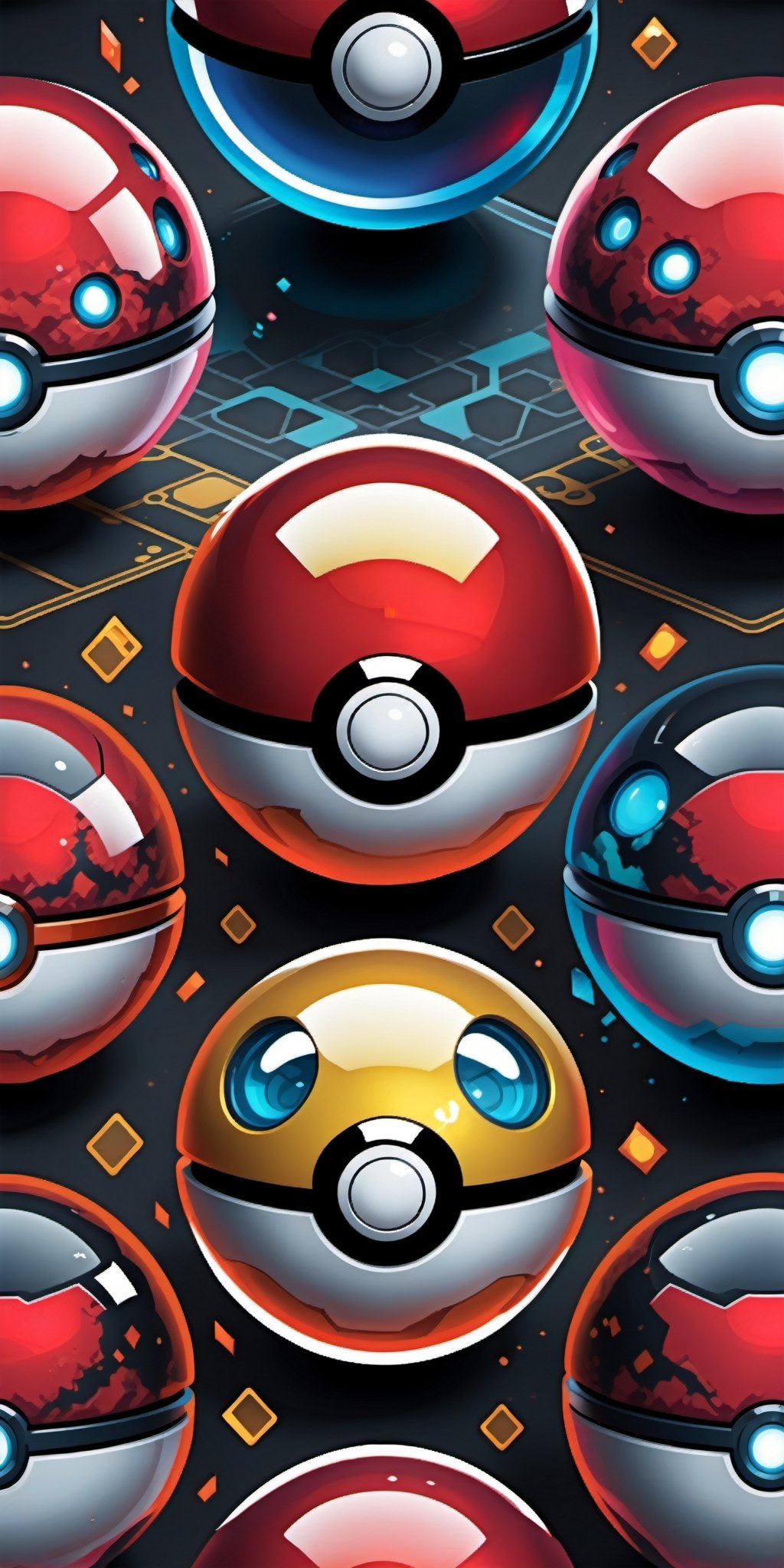 Generate a high-detail wallpaper featuring a captivating array of glass-like,  biometrically enhanced Pokeballs. Arrange t...