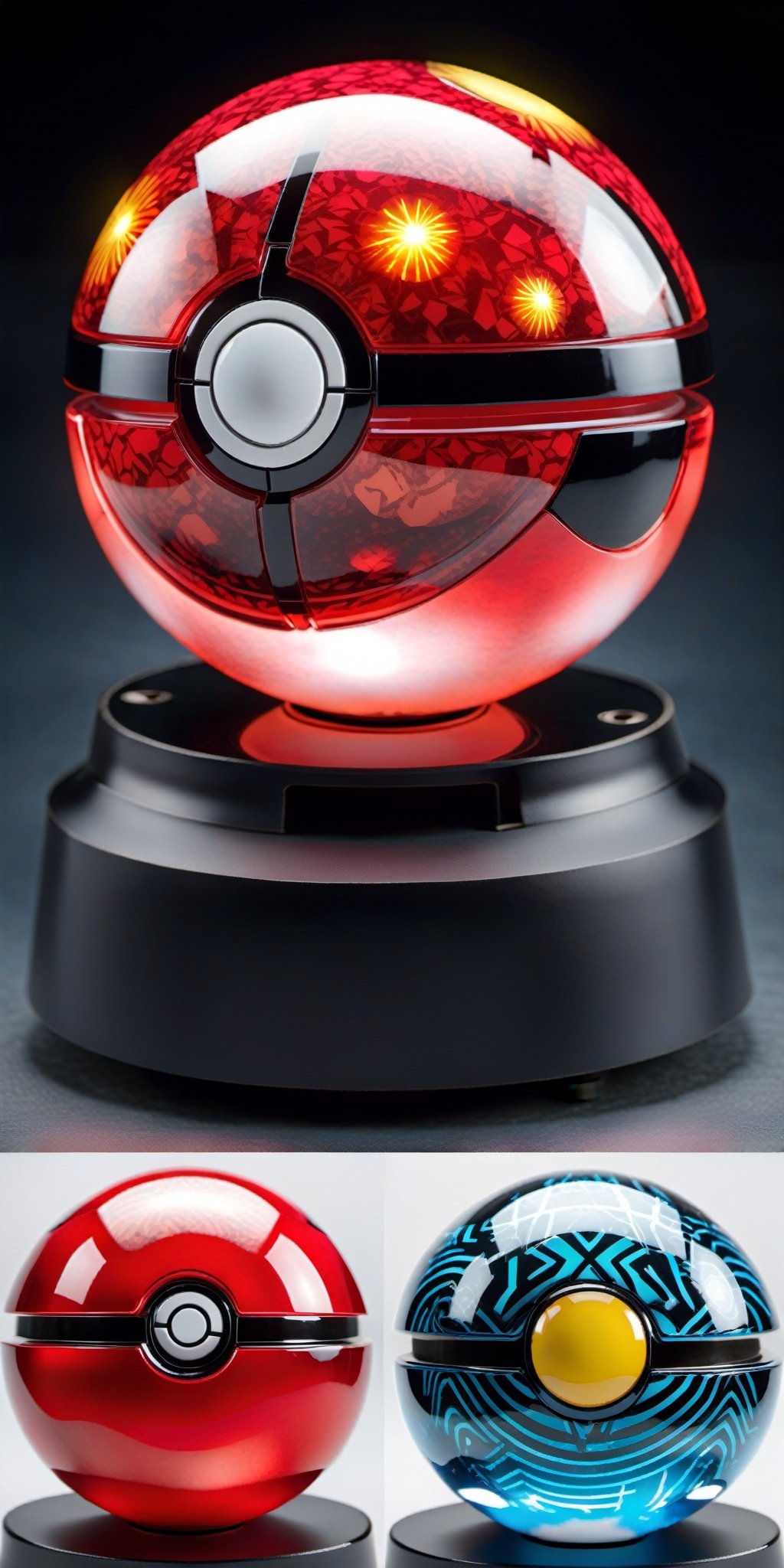 Design a set of glass,  biometrically enhanced Pokeballs with vibrant,  glowing patterns. Incorporate futuristic technolog...
