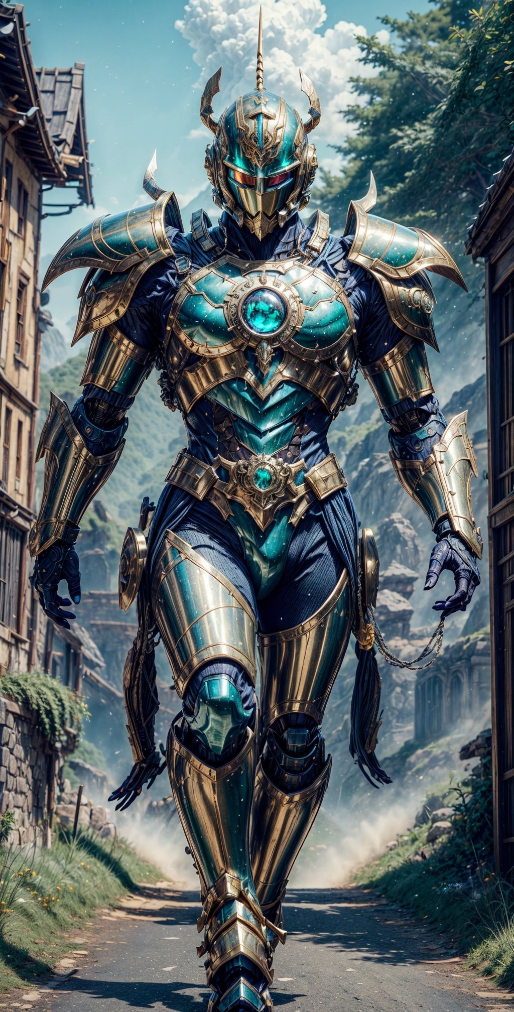 a warrior in golden-green magical armor and helmet walking on a Kingdom road in a fantasy world: photographic cinematic super super high detailed super realistic image, 4k super ultra HDR high quality image, masterpiece,

"Generate a captivating image of a formidable man adorned in a resplendent suit of golden-green magical armor and a matching helmet. This armor should exude a mesmerizing, ethereal glow, showcasing its enchanting properties.

The warrior walks with purpose along a majestic Kingdom road within a fantastical world, where every step is a testament to his valor and nobility. The road should be lined with grandeur, featuring towering trees, intricate cobblestones, and an air of mystical wonder.

The armor and helmet should be richly detailed, adorned with intricate patterns and designs that evoke both elegance and strength. They seamlessly blend with the enchanting atmosphere of the fantasy world.

The warrior's presence on this road should reflect his determined and noble character, embodying the perfect fusion of beauty and martial prowess. This image should immerse viewers in the grandeur of the fantasy world and the captivating aura of the heroic warrior.",mecha,drow,mecha musume, photographic, realisticphoto, cinematic, super high detailed super realistic image, 4k HDR super high detailed image, masterpiece 