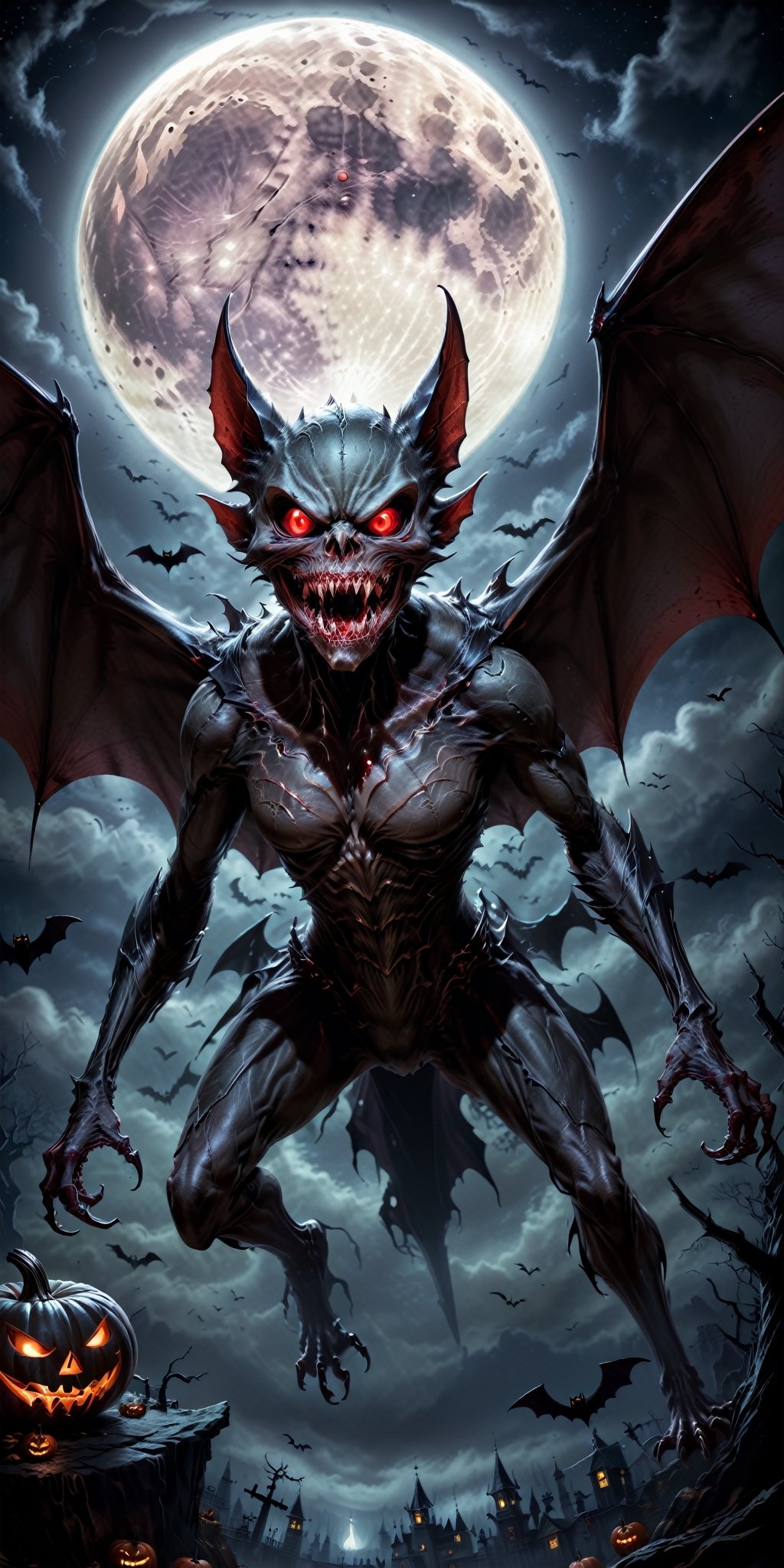 Generate a bone-chilling Halloween image featuring a terrifying and sinister bat monster. Picture the creature with sharp...