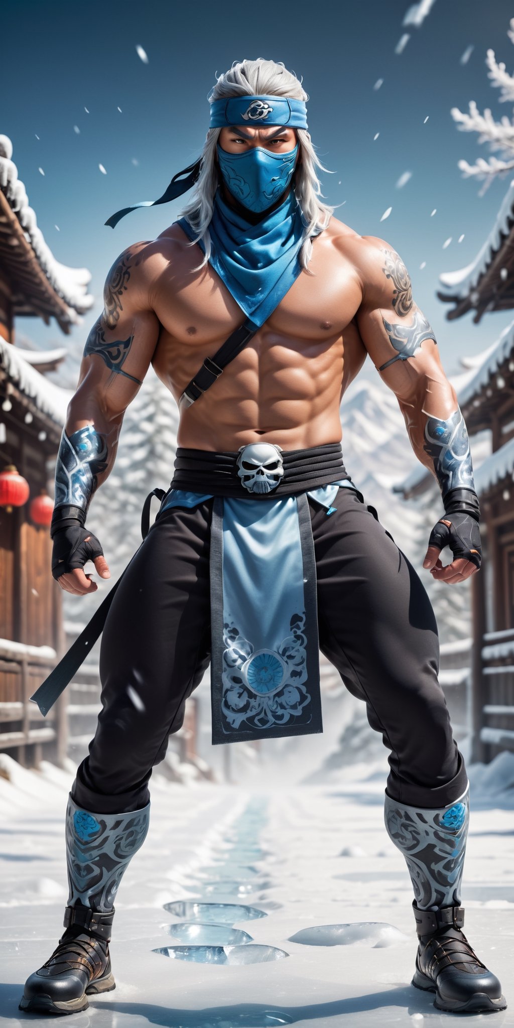 Capture the essence of a muscular male ninja wielding the power of ice. Picture his powerful and chiseled physique adorned...