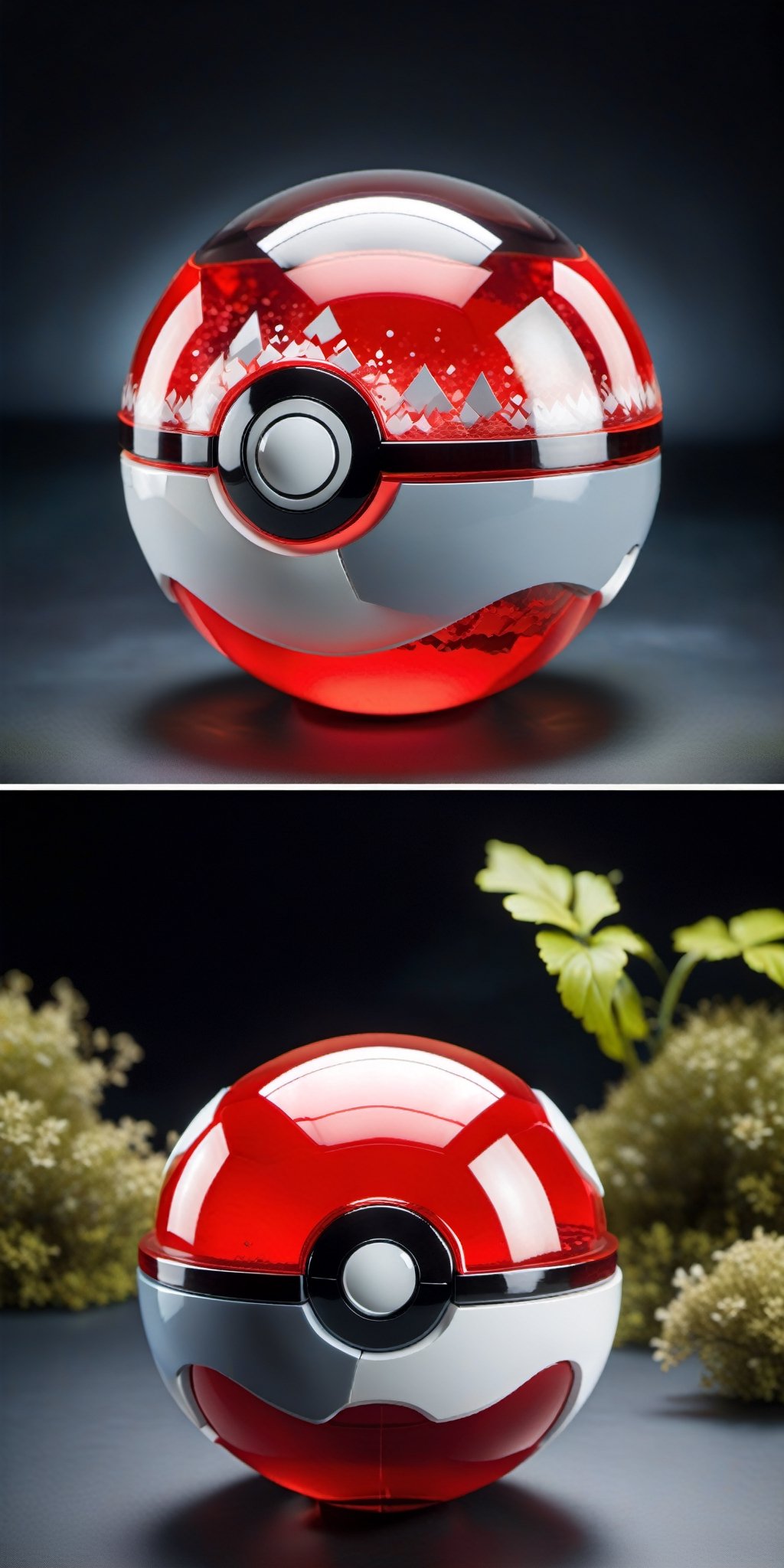 Craft a series of breathtaking,  glass-like Hi-Tech Pokeballs. Ensure the glass showcases intricate details and a beautifu...