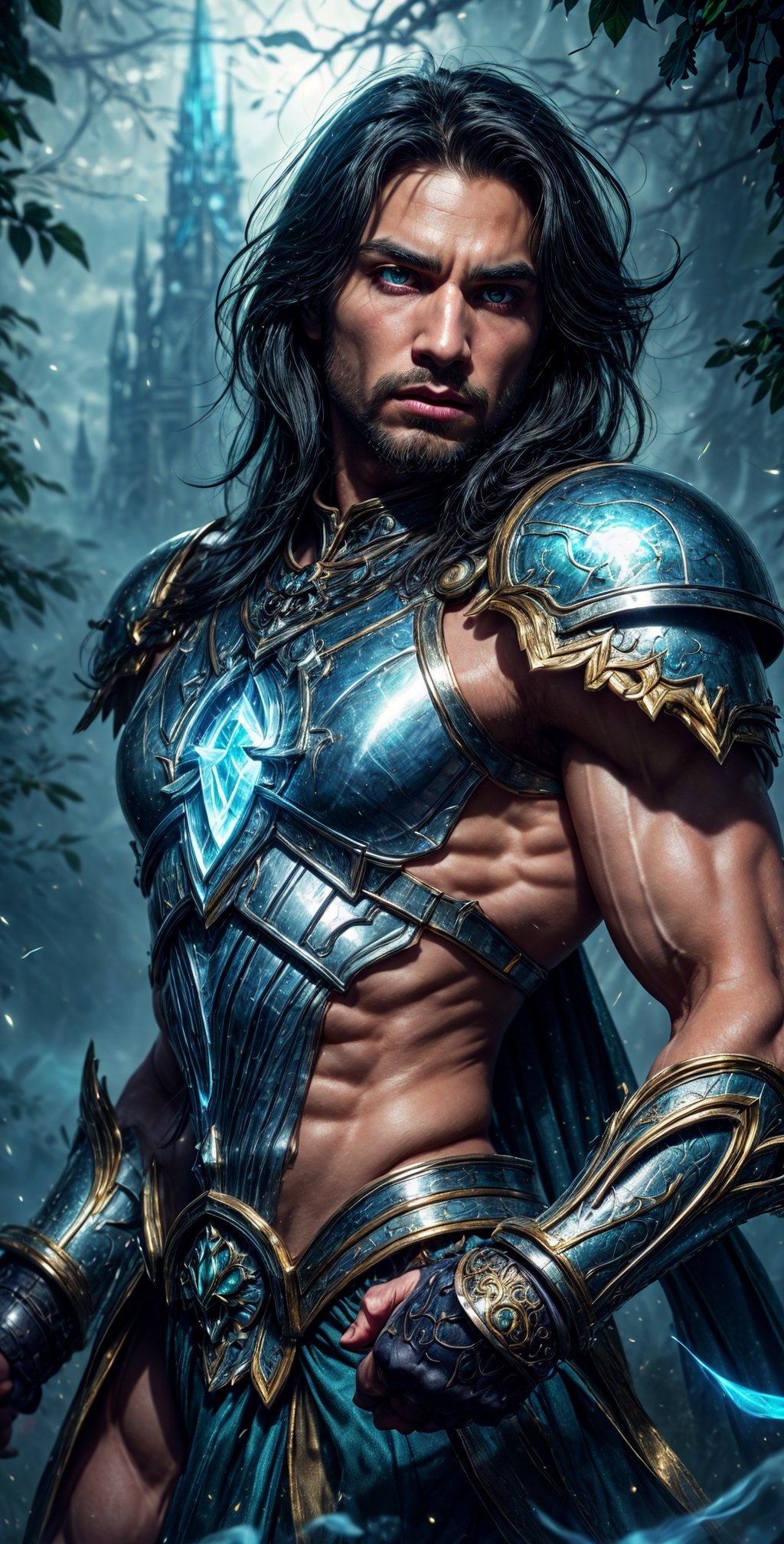 "Create an enchanting visual representation of a courageous and handsome man standing proudly in a magnificent fantasy wor...
