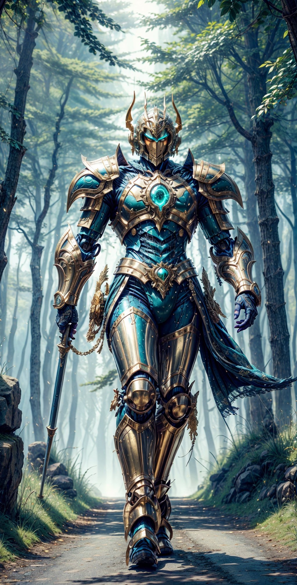 a warrior in golden-green magical armor and helmet walking on a Kingdom road in a fantasy world: photographic cinematic super super high detailed super realistic image, 4k super ultra HDR high quality image, masterpiece,

"Generate a captivating image of a formidable man adorned in a resplendent suit of golden-green magical armor and a matching helmet. This armor should exude a mesmerizing, ethereal glow, showcasing its enchanting properties.

The warrior walks with purpose along a majestic Kingdom road within a fantastical world, where every step is a testament to his valor and nobility. The road should be lined with grandeur, featuring towering trees, intricate cobblestones, and an air of mystical wonder.

The armor and helmet should be richly detailed, adorned with intricate patterns and designs that evoke both elegance and strength. They seamlessly blend with the enchanting atmosphere of the fantasy world.

The warrior's presence on this road should reflect his determined and noble character, embodying the perfect fusion of beauty and martial prowess. This image should immerse viewers in the grandeur of the fantasy world and the captivating aura of the heroic warrior.",mecha,drow,mecha musume