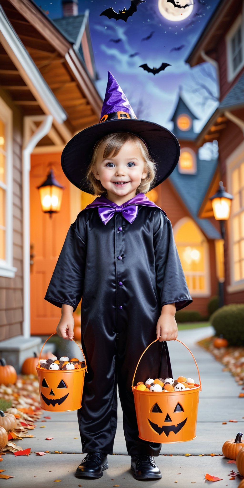 cute little kids wearing Halloween-style costumes,  holding little buckets,  and joyfully collecting treats. Request a per...