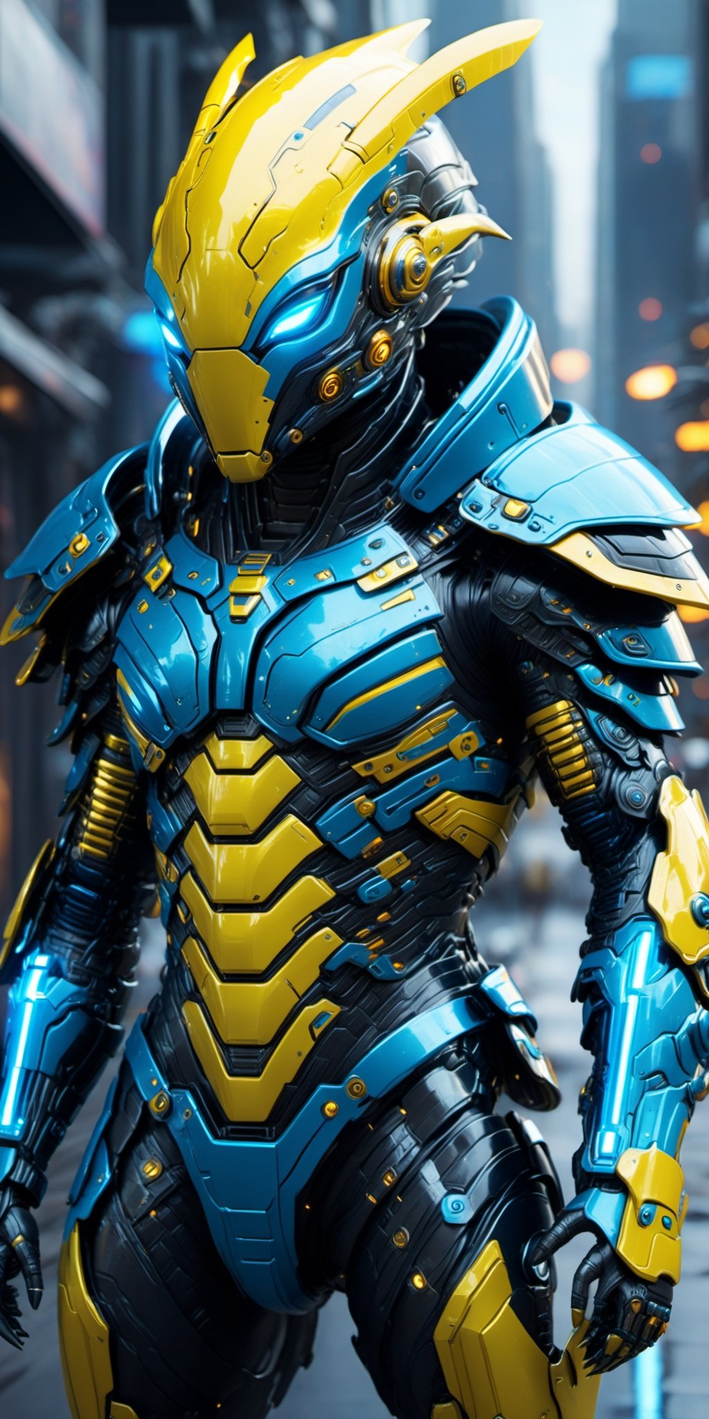 a cute but cyberpunk-style alien creature wearing cybernetic hi-tech armor: "Imagine a charming and acute alien creature,...