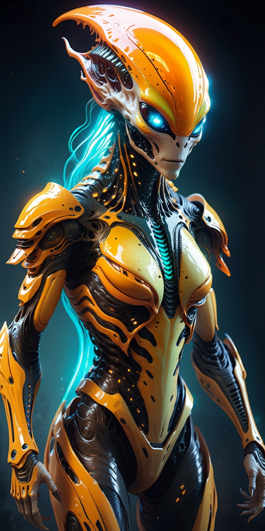 Create a spine-chilling image of an alien creature adorned in Hi-Tech biometric glowing armor,  radiating a deadly and int...