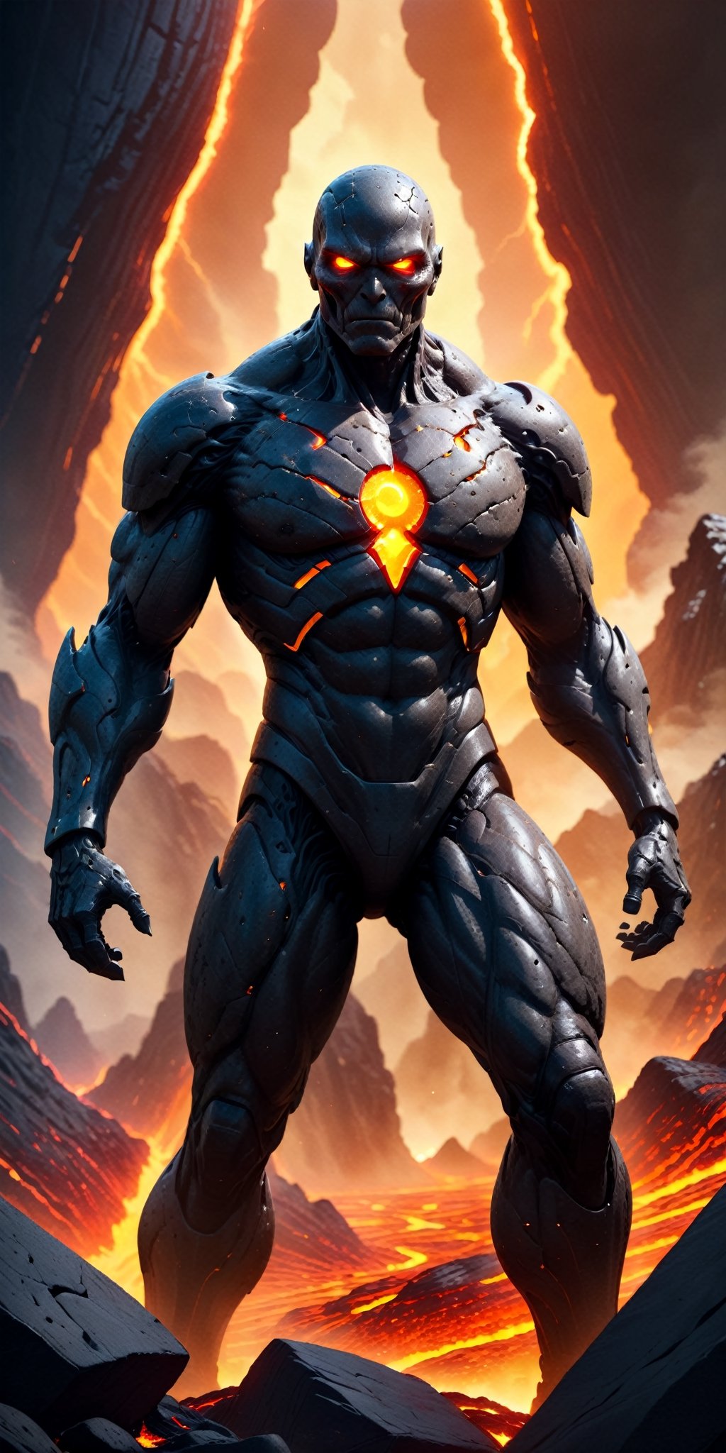 Compose a cinematic movie-style scene featuring a colossal stone Lava man with a body crafted from stone and flowing lava....