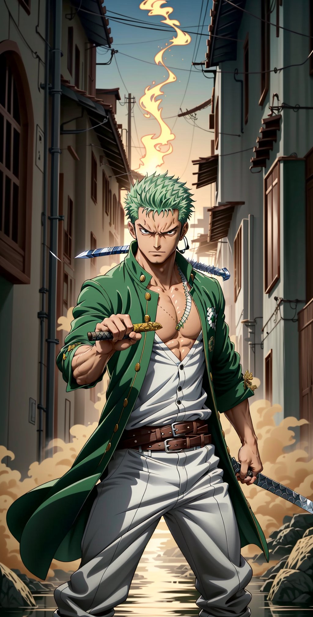 "Create an image of Roronoa Zoro in his signature three-sword fighting stance,  surrounded by a dynamic aura of determinat...