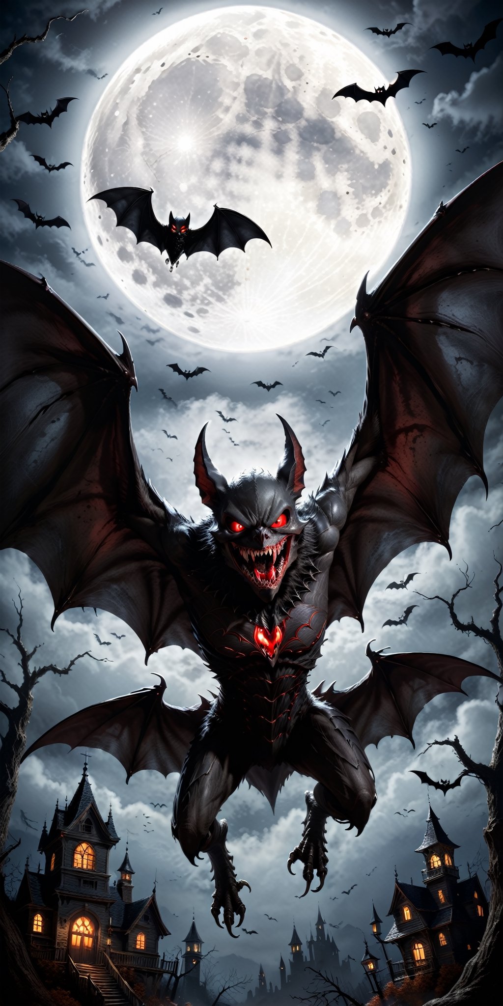Generate a bone-chilling Halloween image featuring a terrifying and sinister bat monster. Picture the creature with sharp...