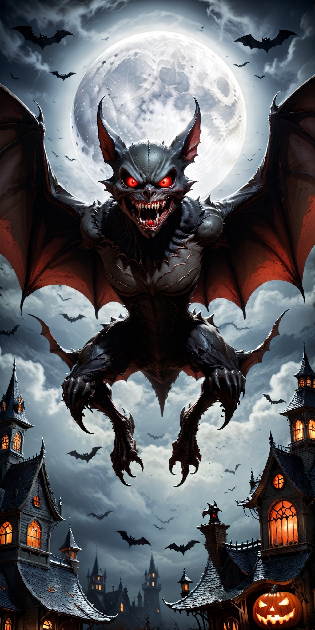 Generate a bone-chilling Halloween image featuring a terrifying and sinister bat monster. Picture the creature with sharp...