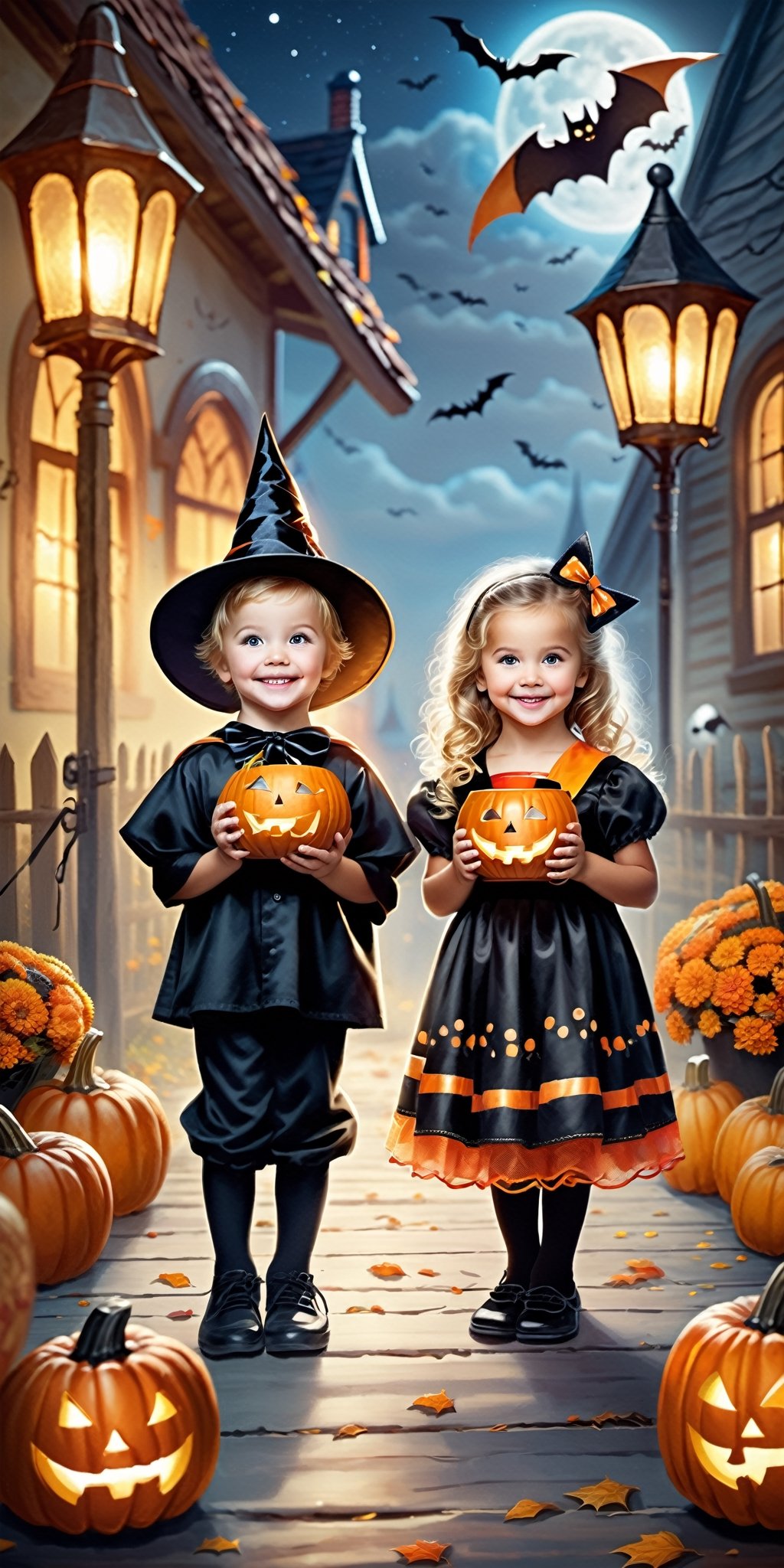 cute little kids wearing Halloween-style costumes,  holding little buckets,  and joyfully collecting treats. Request a per...