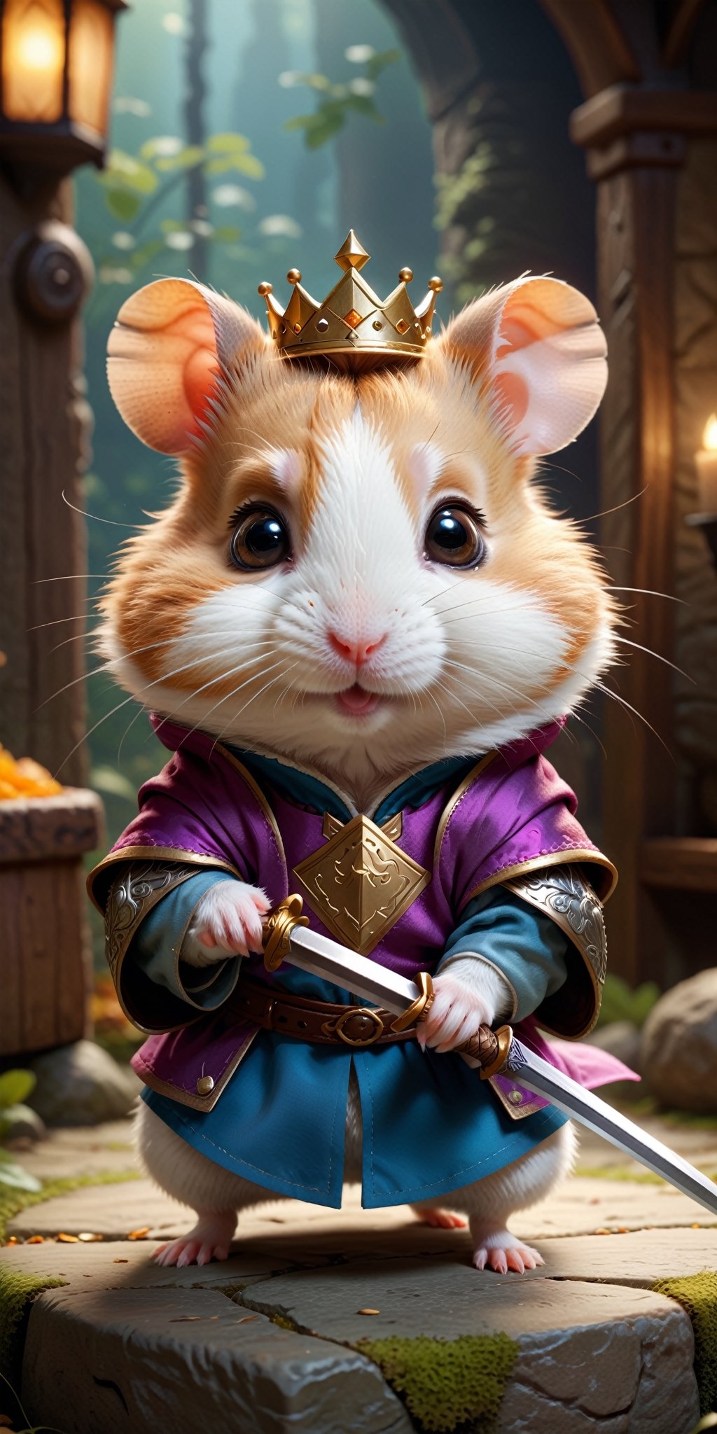 Visualize an adorable fantasy scene with a cute little hamster,  dressed in charming prince-like clothes and wielding a ti...