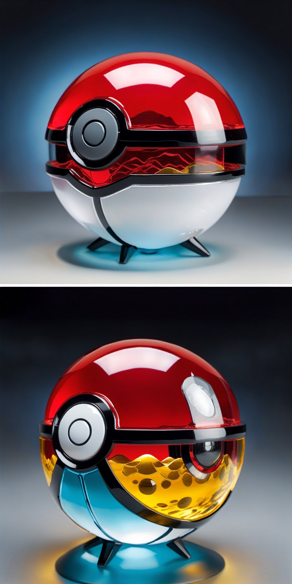 Craft a series of breathtaking,  glass-like Hi-Tech Pokeballs. Ensure the glass showcases intricate details and a beautifu...