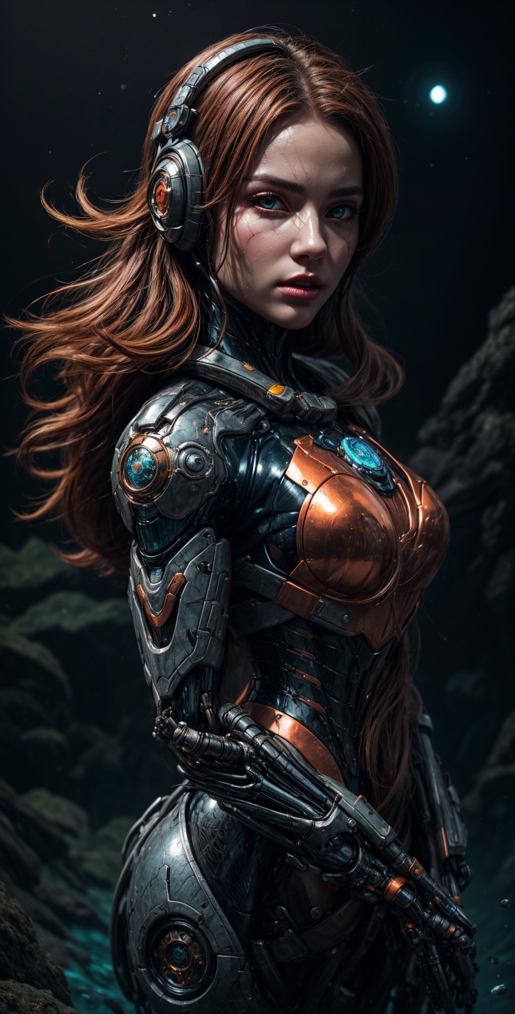 "Visualize a captivating scene featuring a girl named Thunder Orange. She's dressed in a tight,  futuristic suit with a vi...