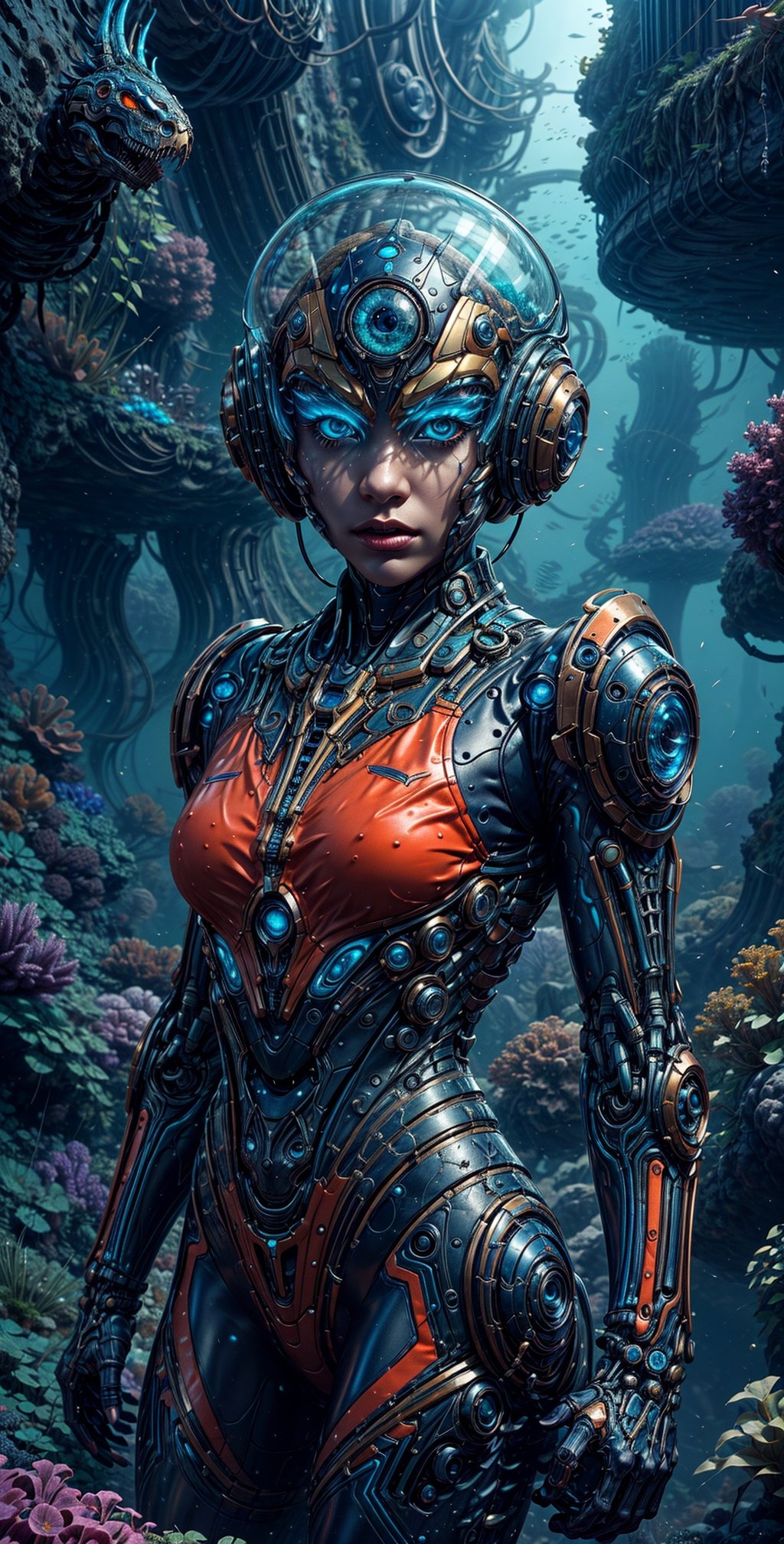 "Visualize a captivating scene featuring a girl named Thunder Orange. She's dressed in a tight,  futuristic suit with a vi...