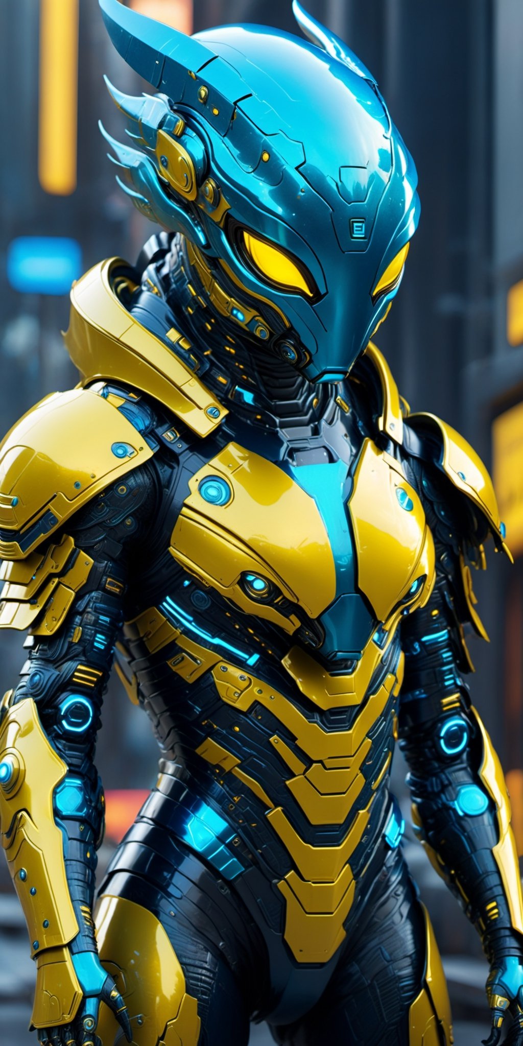 a cute but cyberpunk-style alien creature wearing cybernetic hi-tech armor: "Imagine a charming and acute alien creature,...