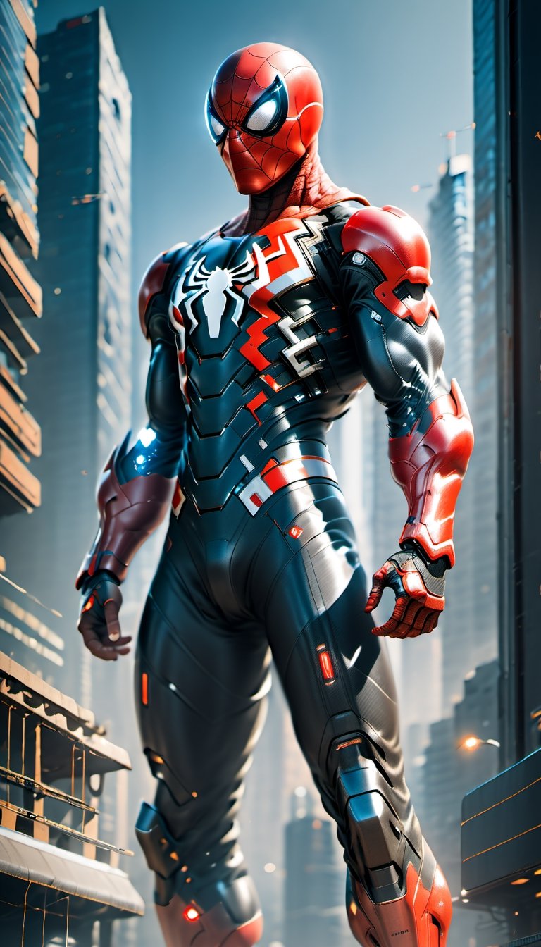 A Hi-Tech glowing cybernetic cyberpunk style red black(Hi-Tech armour style),  spiderman armour,  Hi-Tech glowing armour b...