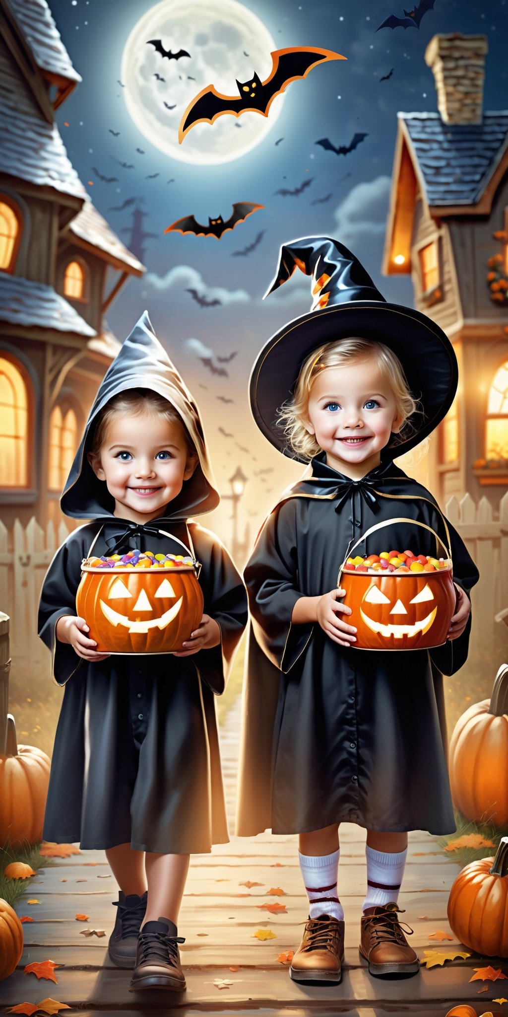 cute little kids wearing Halloween-style costumes,  holding little buckets,  and joyfully collecting treats. Request a per...