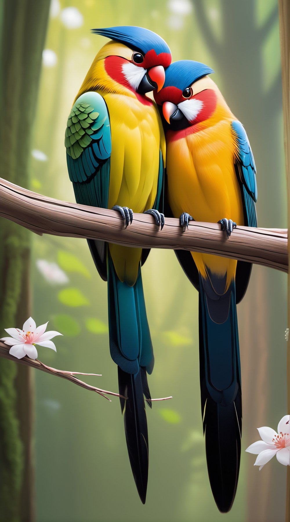 Capture the essence of love in the avian world with two beautiful and cute bird couples,  their feathers intertwined as th...