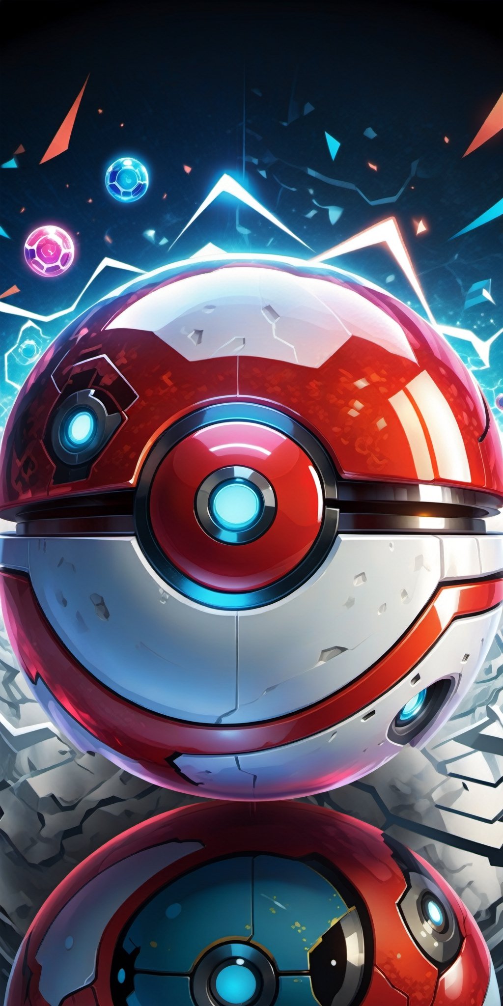 Generate a high-detail wallpaper featuring a captivating array of glass-like,  biometrically enhanced Pokeballs. Arrange t...