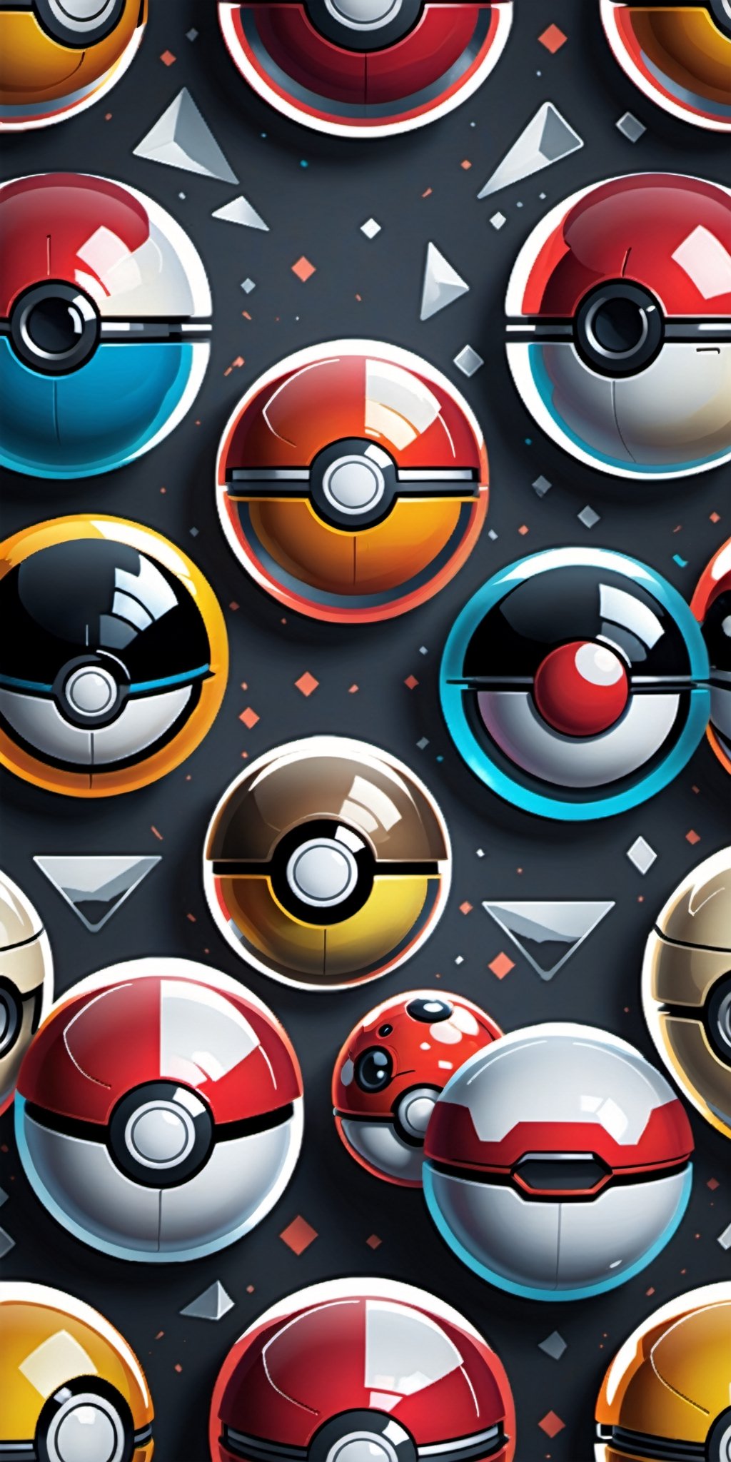 Generate a high-detail wallpaper featuring a captivating array of glass-like,  biometrically enhanced Pokeballs. Arrange t...
