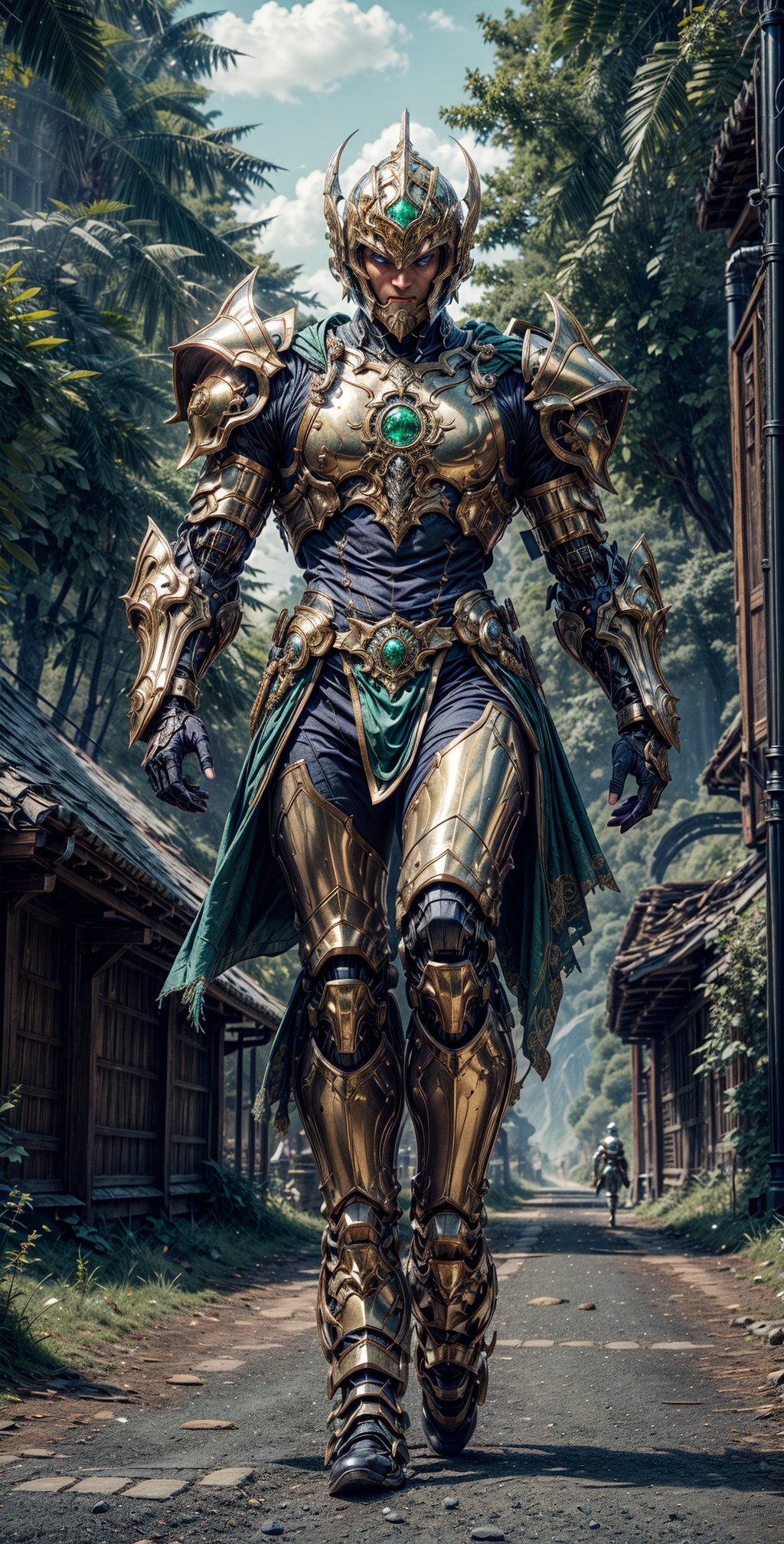 a warrior in golden-green magical armor and helmet walking on a Kingdom road in a fantasy world: photographic cinematic super super high detailed super realistic image, 4k super ultra HDR high quality image, masterpiece,

"Generate a captivating image of a formidable man adorned in a resplendent suit of golden-green magical armor and a matching helmet. This armor should exude a mesmerizing, ethereal glow, showcasing its enchanting properties.

The warrior walks with purpose along a majestic Kingdom road within a fantastical world, where every step is a testament to his valor and nobility. The road should be lined with grandeur, featuring towering trees, intricate cobblestones, and an air of mystical wonder.

The armor and helmet should be richly detailed, adorned with intricate patterns and designs that evoke both elegance and strength. They seamlessly blend with the enchanting atmosphere of the fantasy world.

The warrior's presence on this road should reflect his determined and noble character, embodying the perfect fusion of beauty and martial prowess. This image should immerse viewers in the grandeur of the fantasy world and the captivating aura of the heroic warrior.",mecha,drow,mecha musume