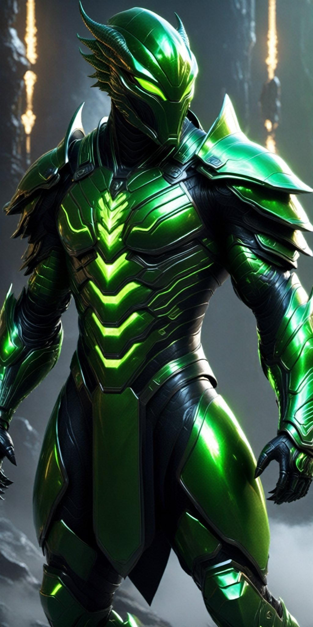 "Generate an image of an otherworldly alien character wearing a sophisticated Hi-Tech muscular suit of armor. This unique...