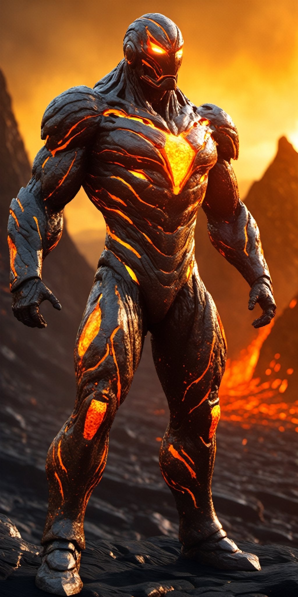 Compose a cinematic movie-style scene featuring a colossal stone Lava man with a body crafted from stone and flowing lava....