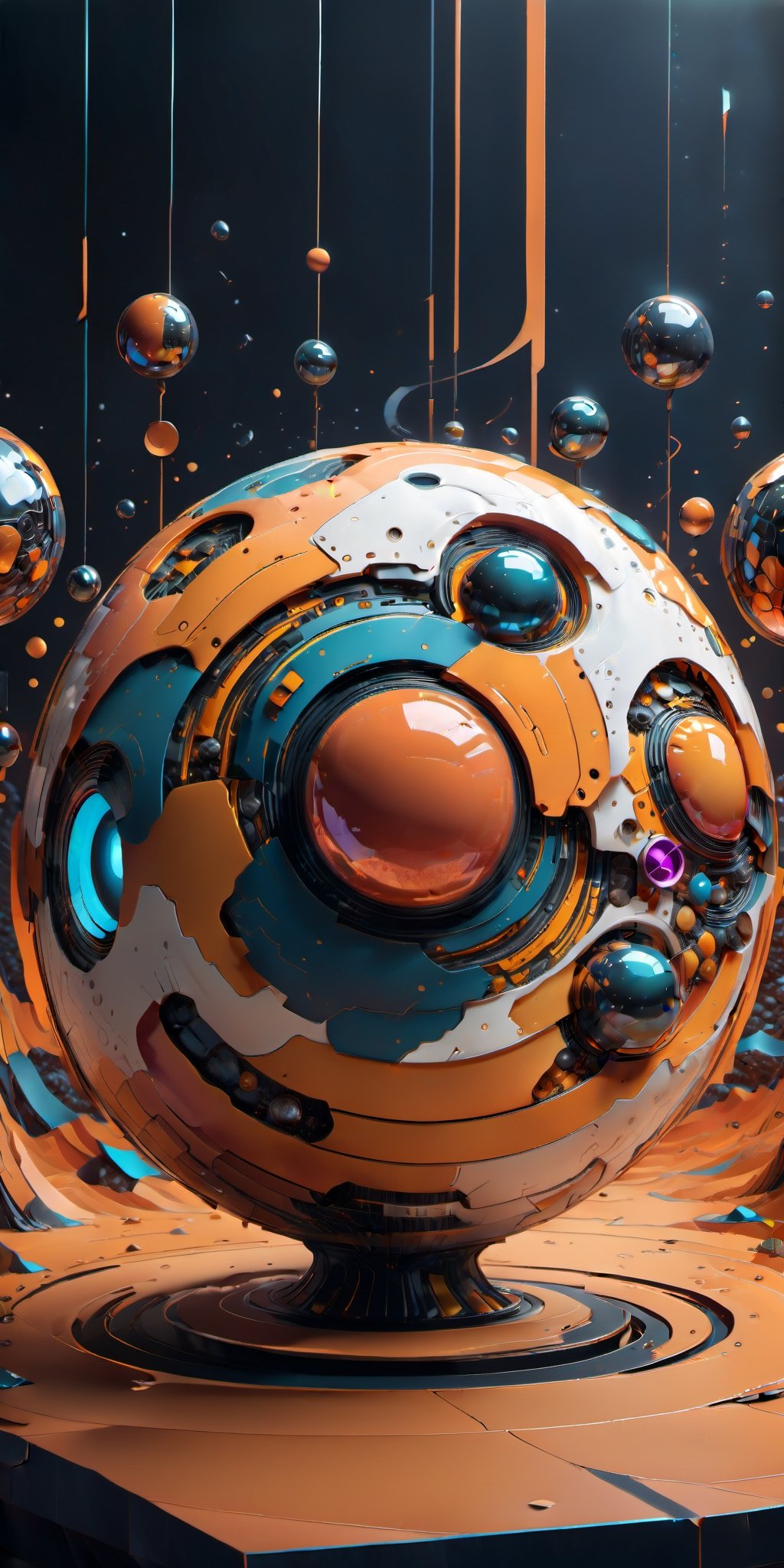 Design a high-detail 3D wallpaper featuring floating geometric spheres with intricate glowing patterns. The illusionary ef...