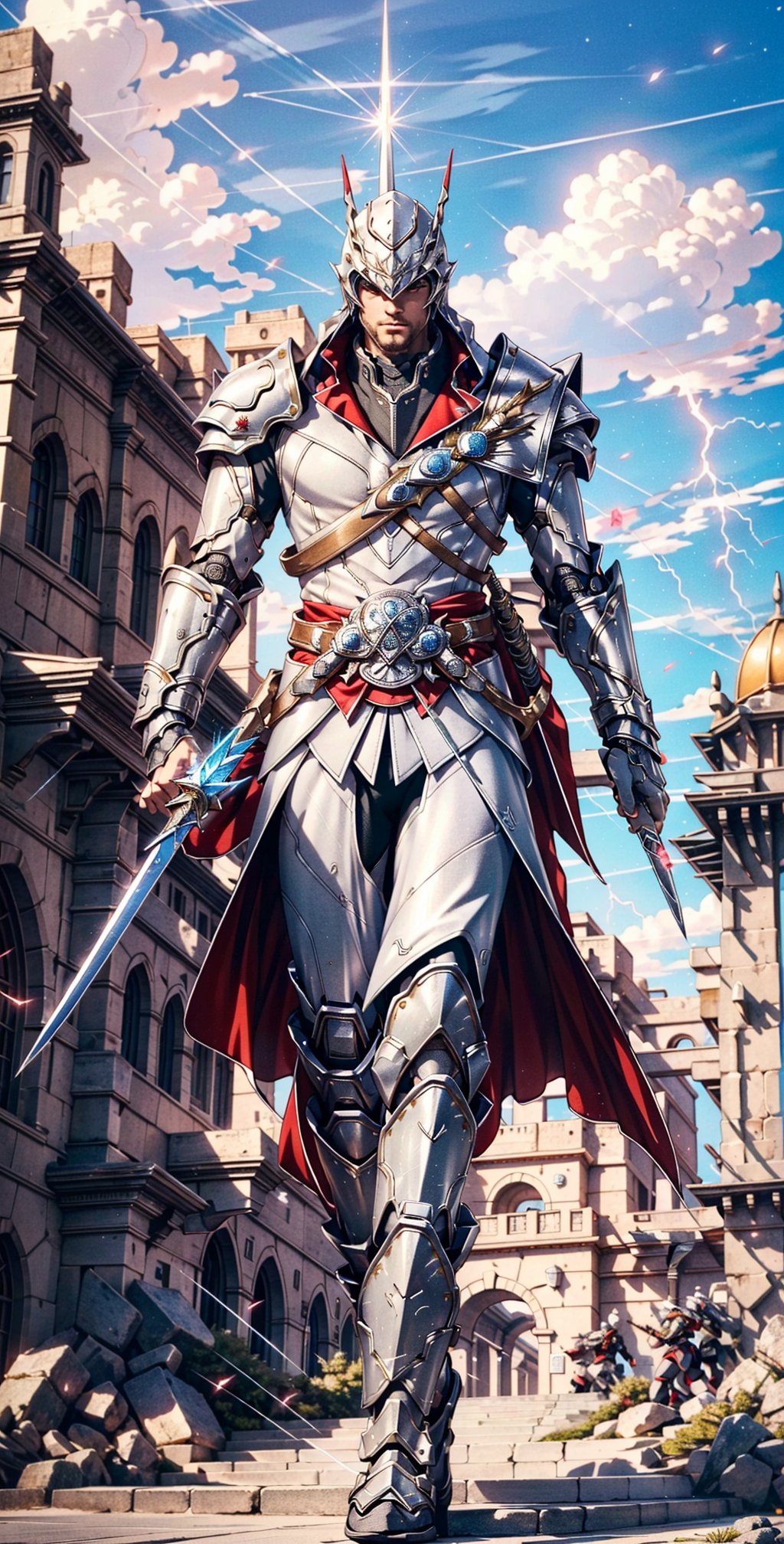 Realistic, (masterpiece1.2), (Ultra HDR quality), high detailed body, fairy suit ice blue colour knight Armour, glowing hitech armour, Hi-Tech web shooter, hitech weapon, deadly look, Kingdom, walking underwear, holding thunder gold sword, glowing  lightning yellow sword, shining sword, mecha, ezio_soul3142, 